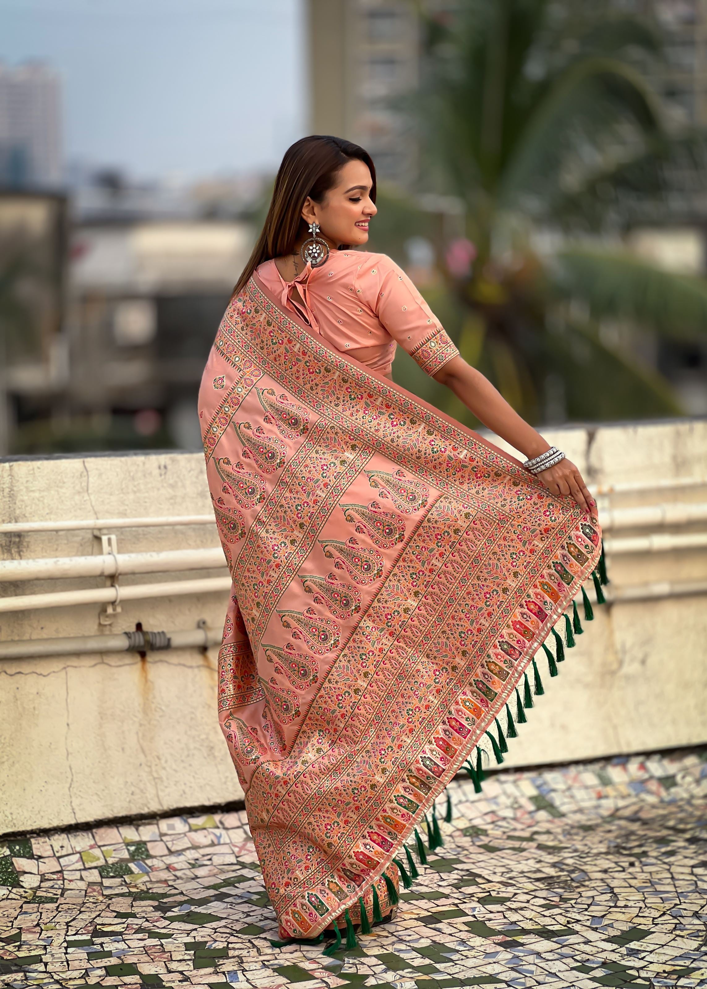 Peach Silk Blend Saree With Meenakari Kashmiri woven Work