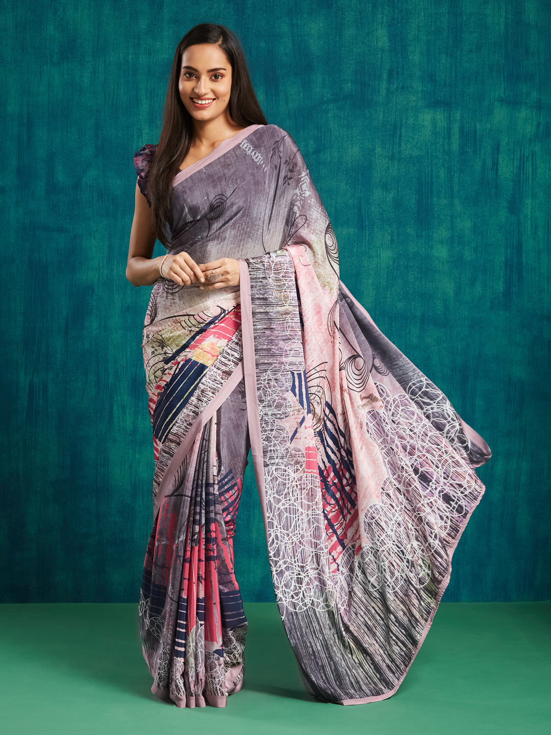 Peach Silk Crepe Designer Digital Printed Ready To Wear Saree