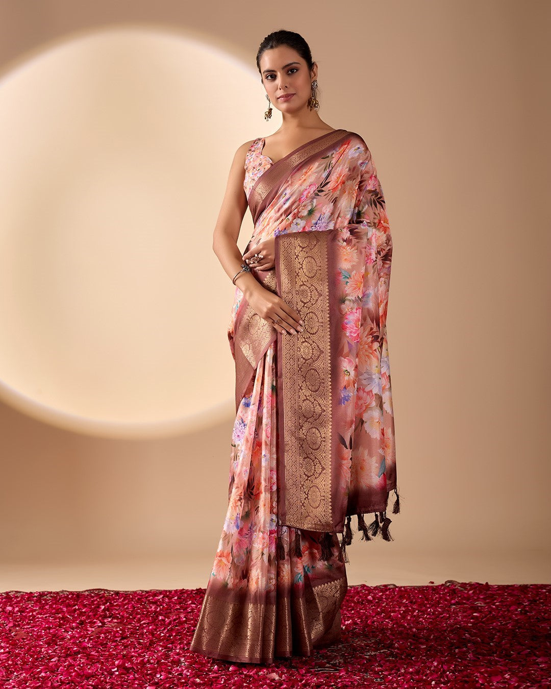 Peach Soft Lichi Silk Saree With Digital Printed Elegant Premium Saree