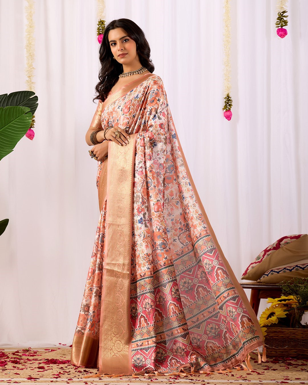 Peach Soft Lichi Silk Saree With Digital Printed Elegant Traditional Saree
