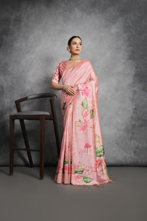 Peach Soft Tussar Silk Saree with Print and Small Zari Border