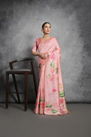 Peach Soft Tussar Silk Saree with Print and Small Zari Border