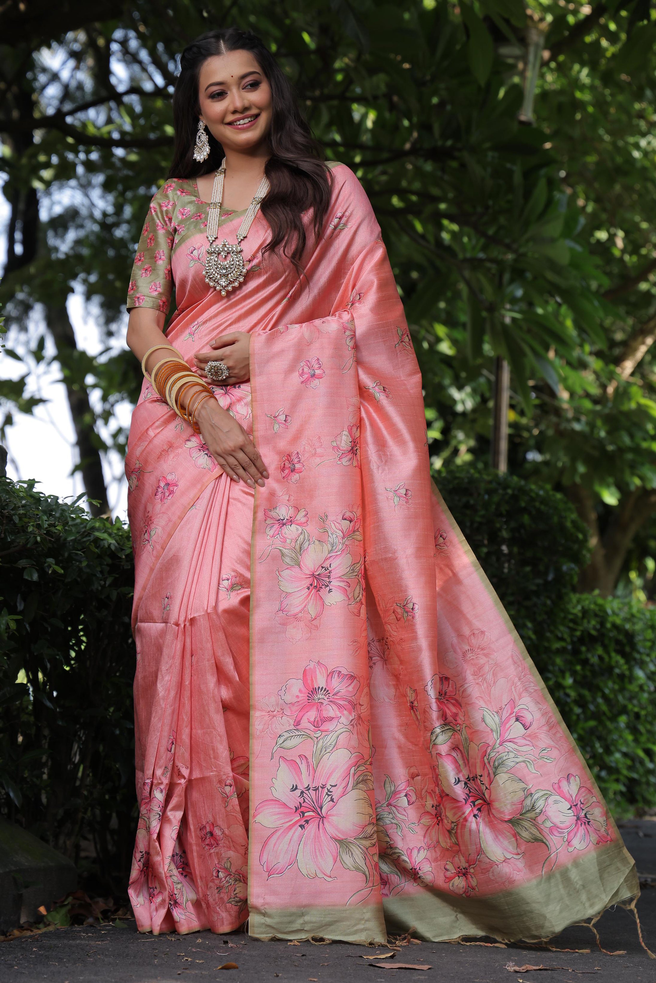 Peach Tussar Silk Saree with Artistic Floral Printed Pattern