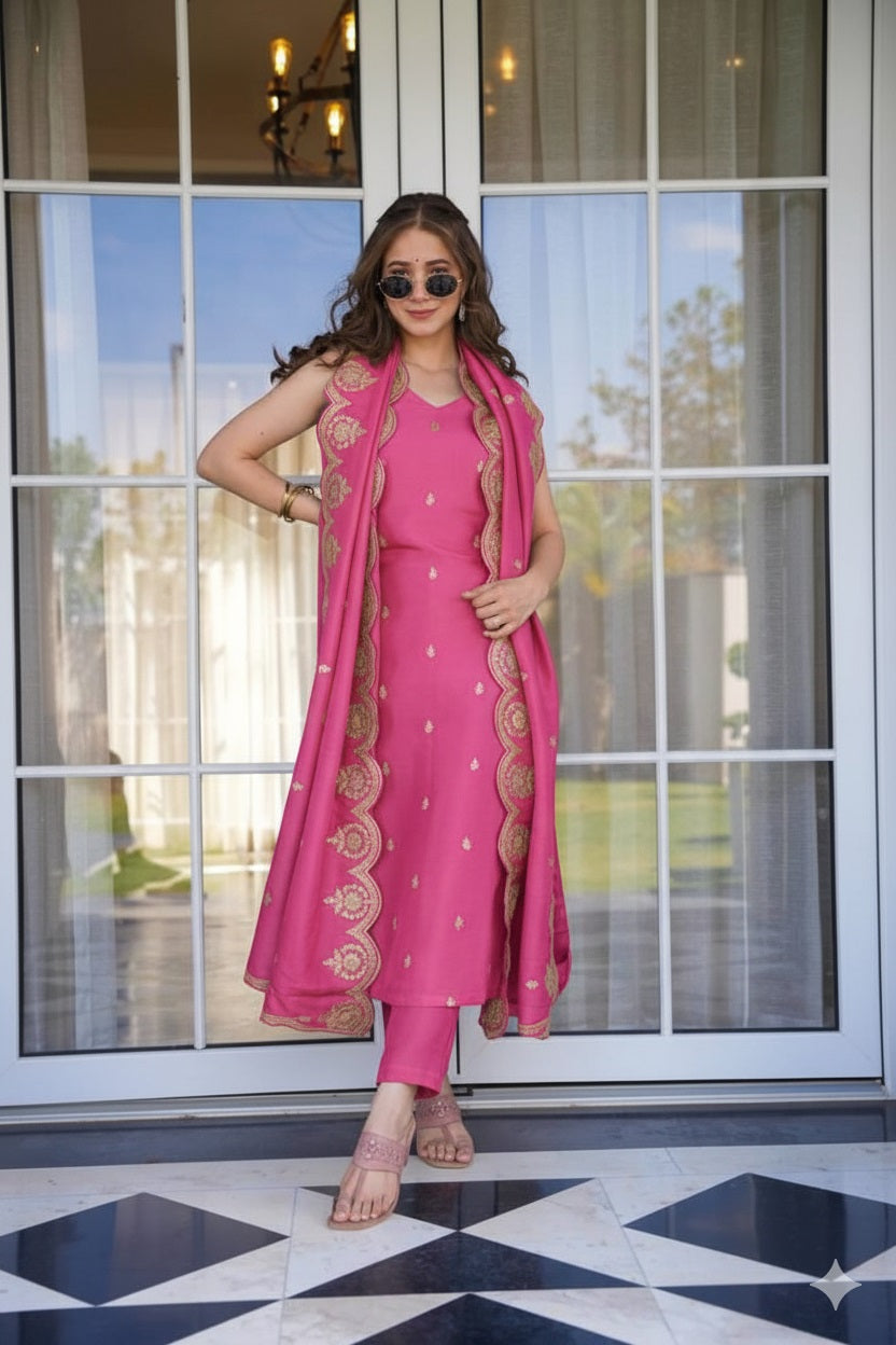 Peach Viscose Zari Chanderi Kurta Pant Set With Heavy Thread Embroidered Work