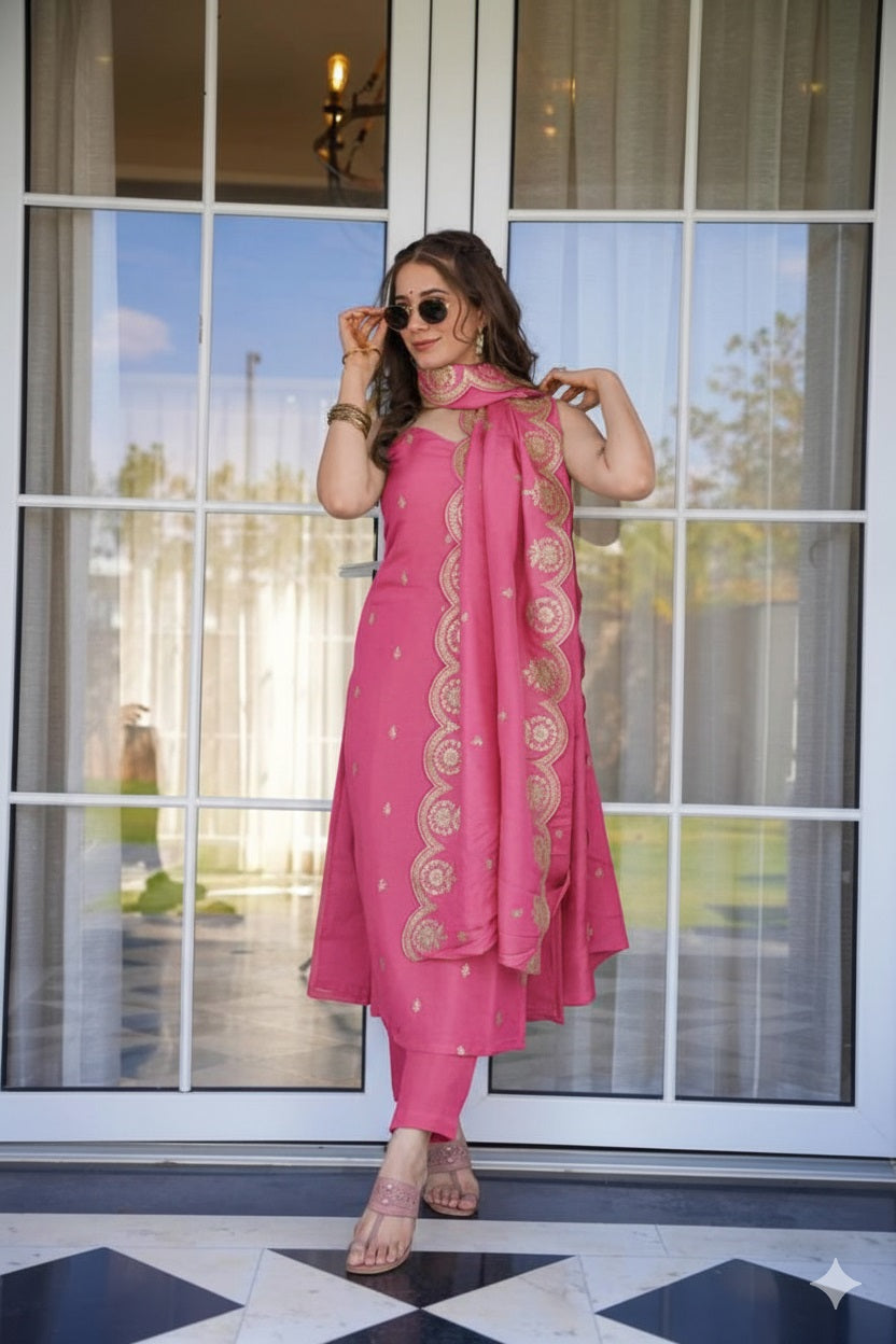 Peach Viscose Zari Chanderi Kurta Pant Set With Heavy Thread Embroidered Work