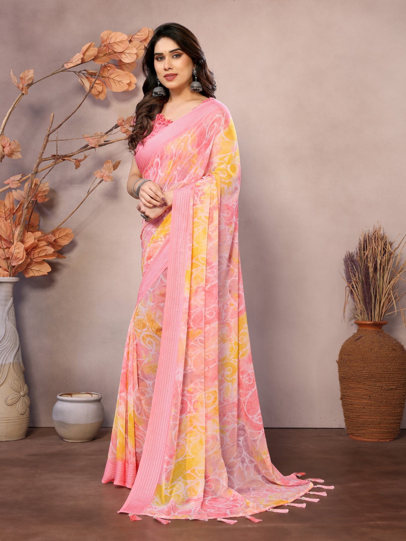 Peach Weightless Patta Saree With Printed