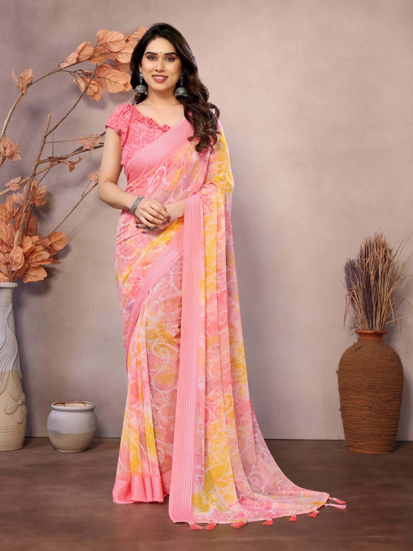 Peach Weightless Patta Saree With Printed