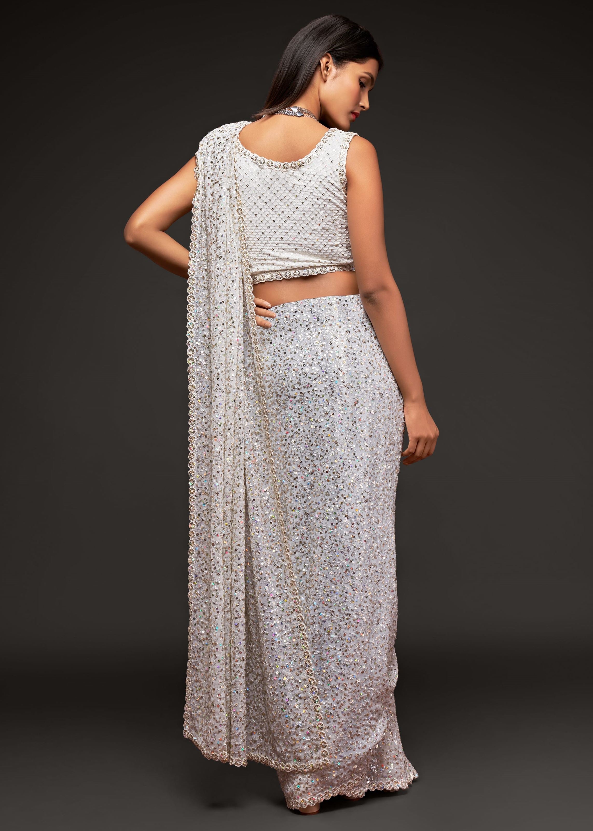 Pearl White Georgette Saree with Thread Embroidery and Sequins Work