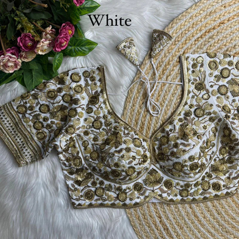 Pearl White Luxury Heavy Beads Bridal Blouse  Roman Silk Designer Wedding Wear