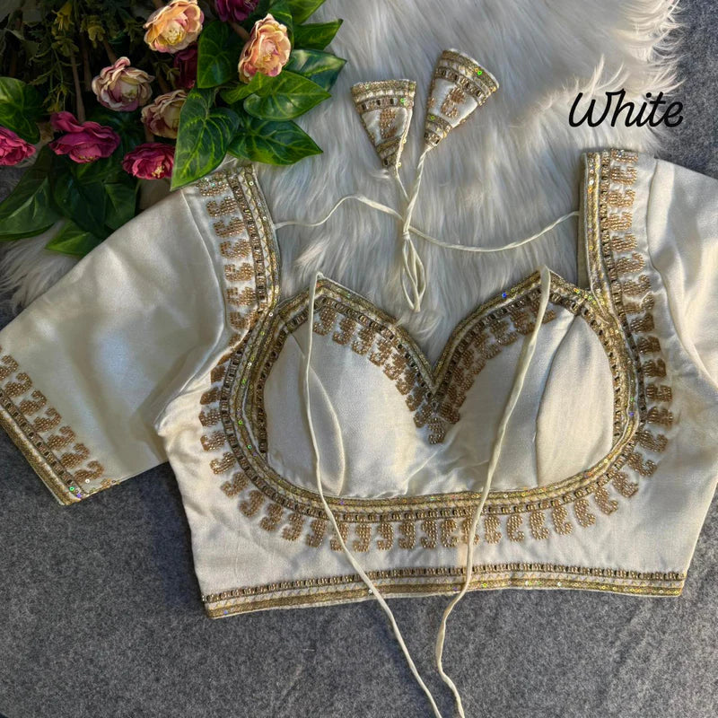 Pearl White Royal Beads Work Bridal Blouse  Italian Silk Designer Couture Wear