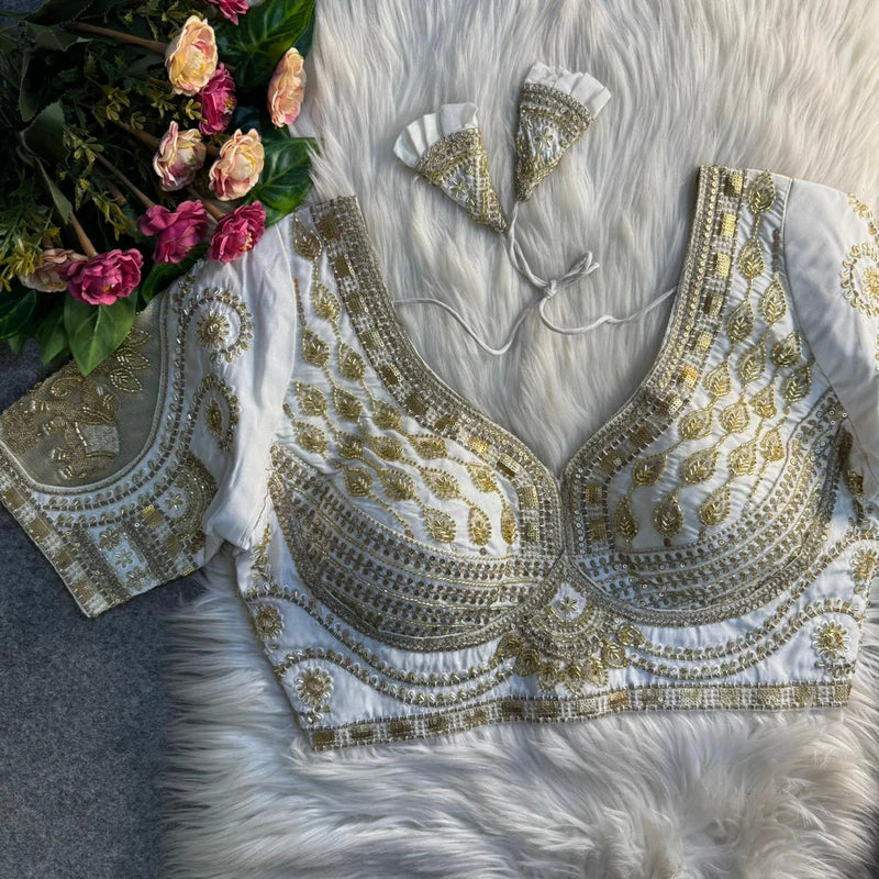 Pearl White Royal Elephant Patch Work Bridal Blouse  Roman Silk Heavy Beads & Sequins Designer Wear