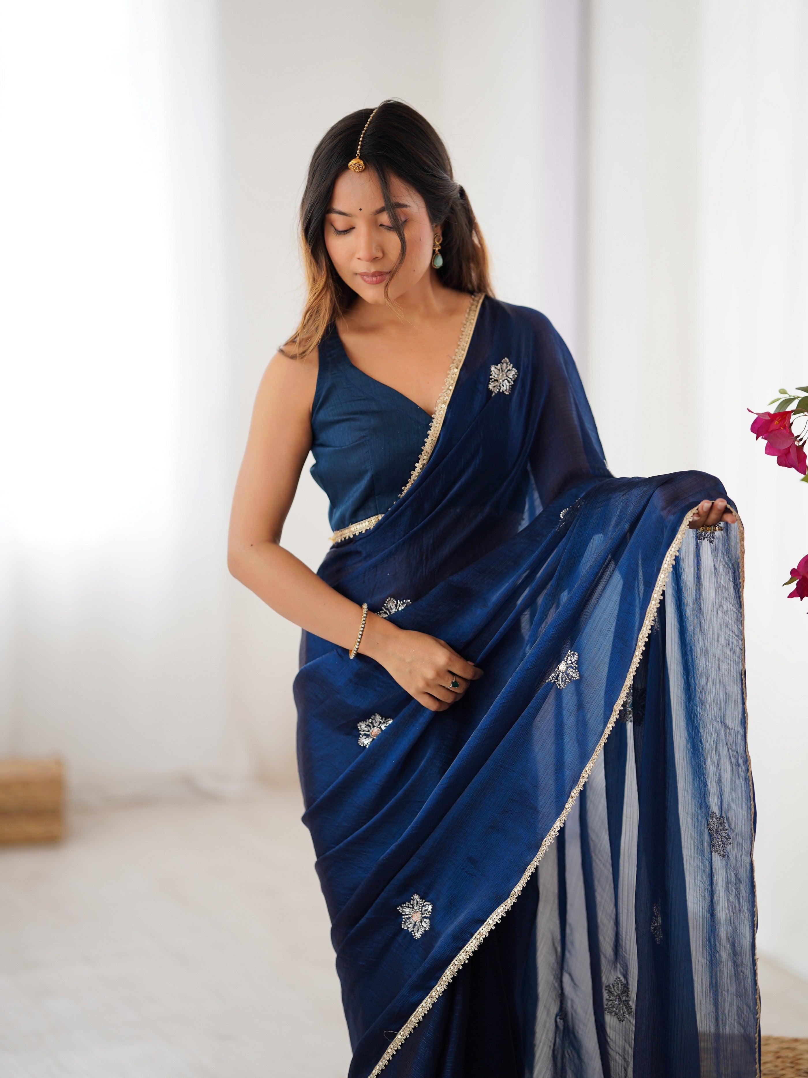 Petrol Fendy Designer Beads Moti And Val Sequance Work Partywear Saree