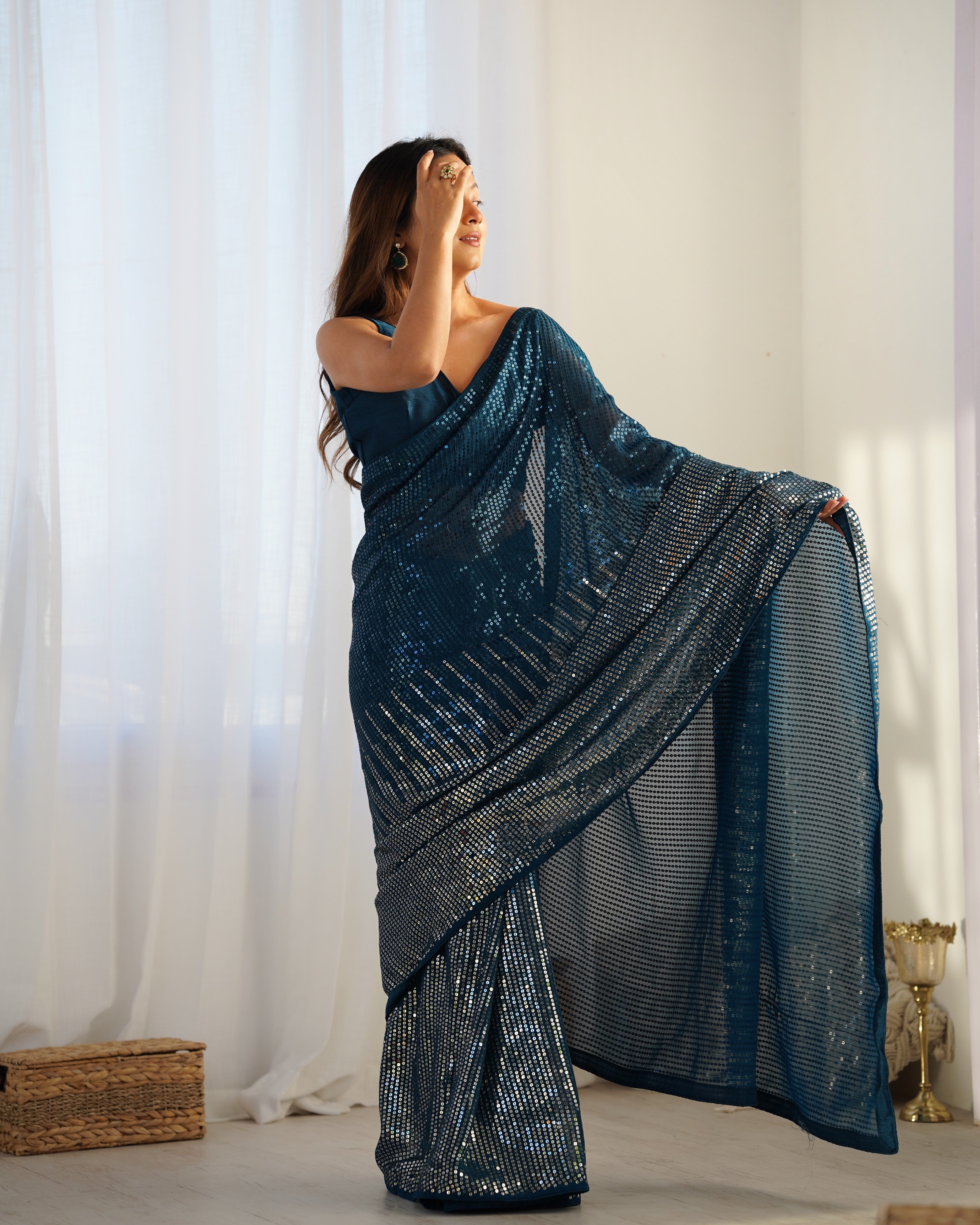Petrol Georgette Designer Sequance Embroidery Work Bollywood Style Partywear Saree