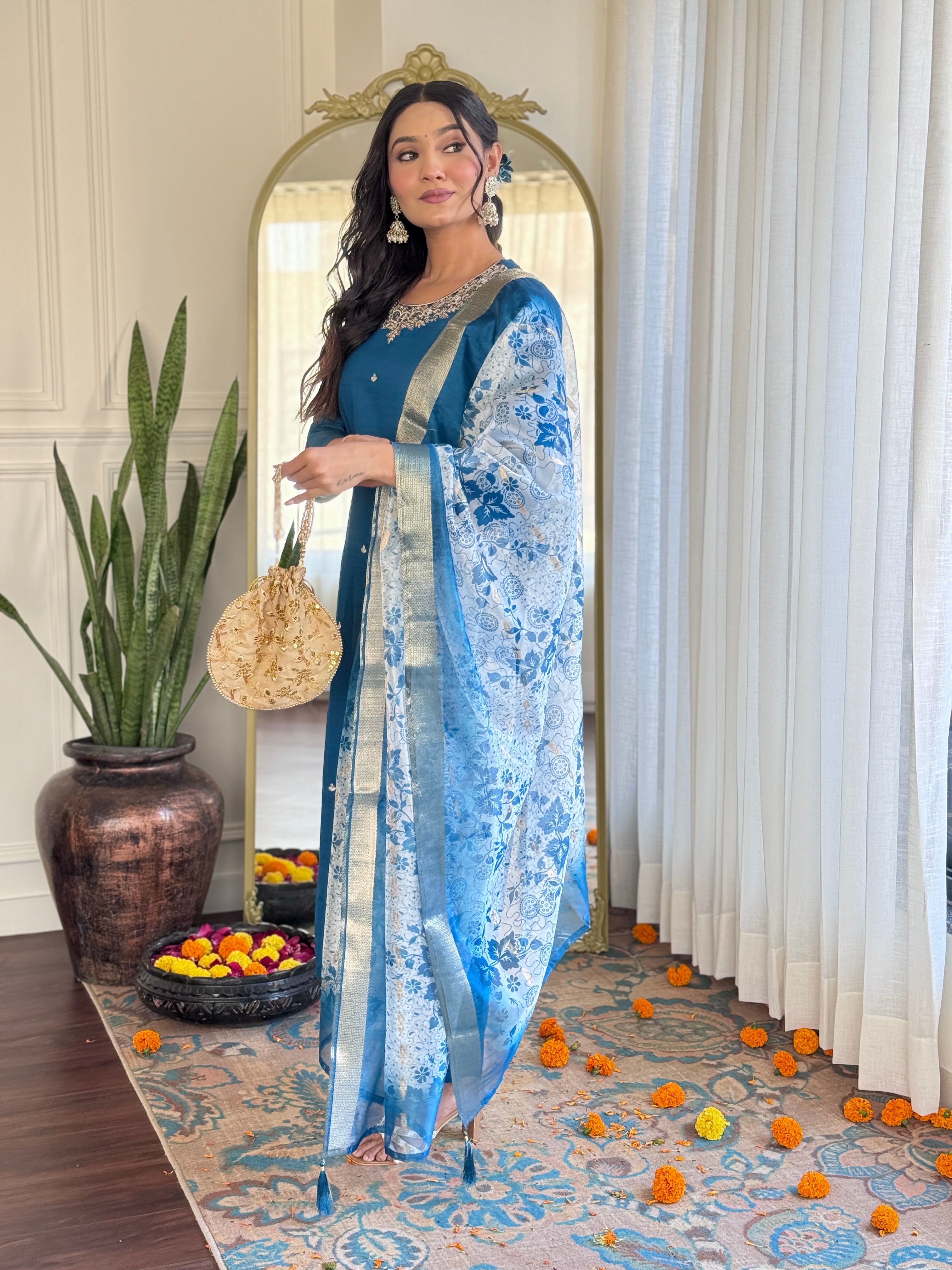 Petrol Roman Silk Elegant Kurta Pant Set With Embroidery Work