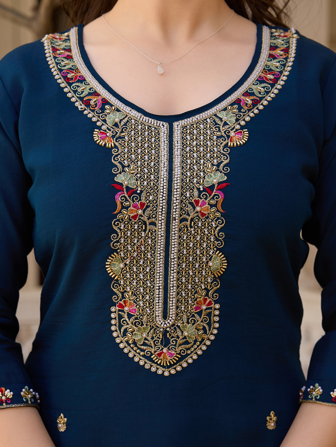 Petrol Viscose Chanderi Elegant Kurta Pant Set With Embroidery Work