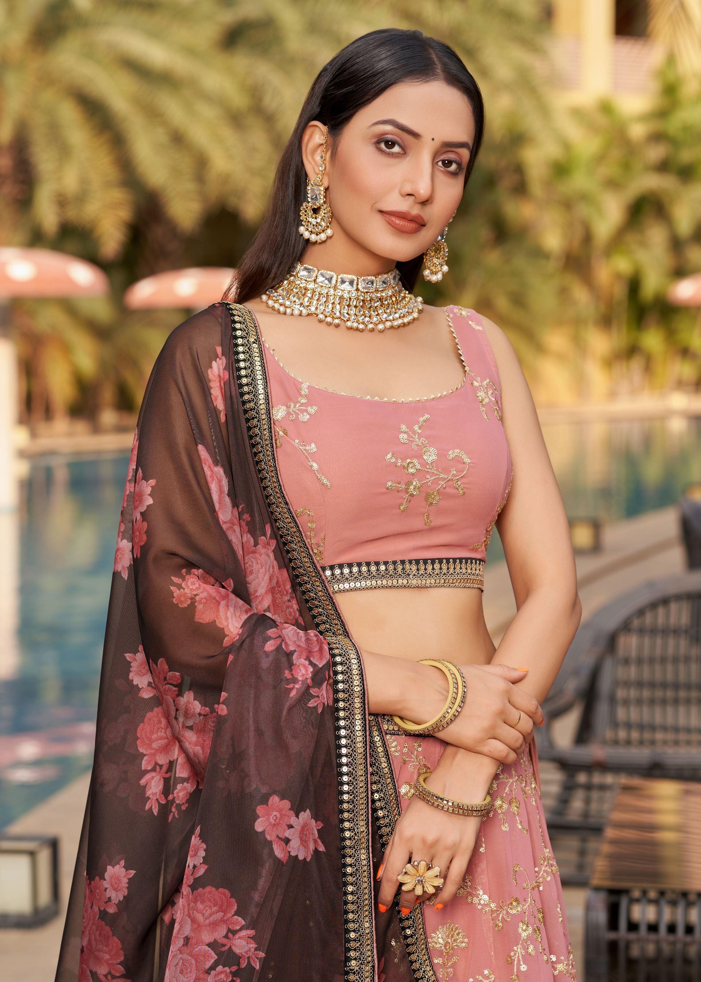 Pink-Brown Lehenga Choli With Sequins, Zari, Thread And Dori Work Embroidery With Digital Print