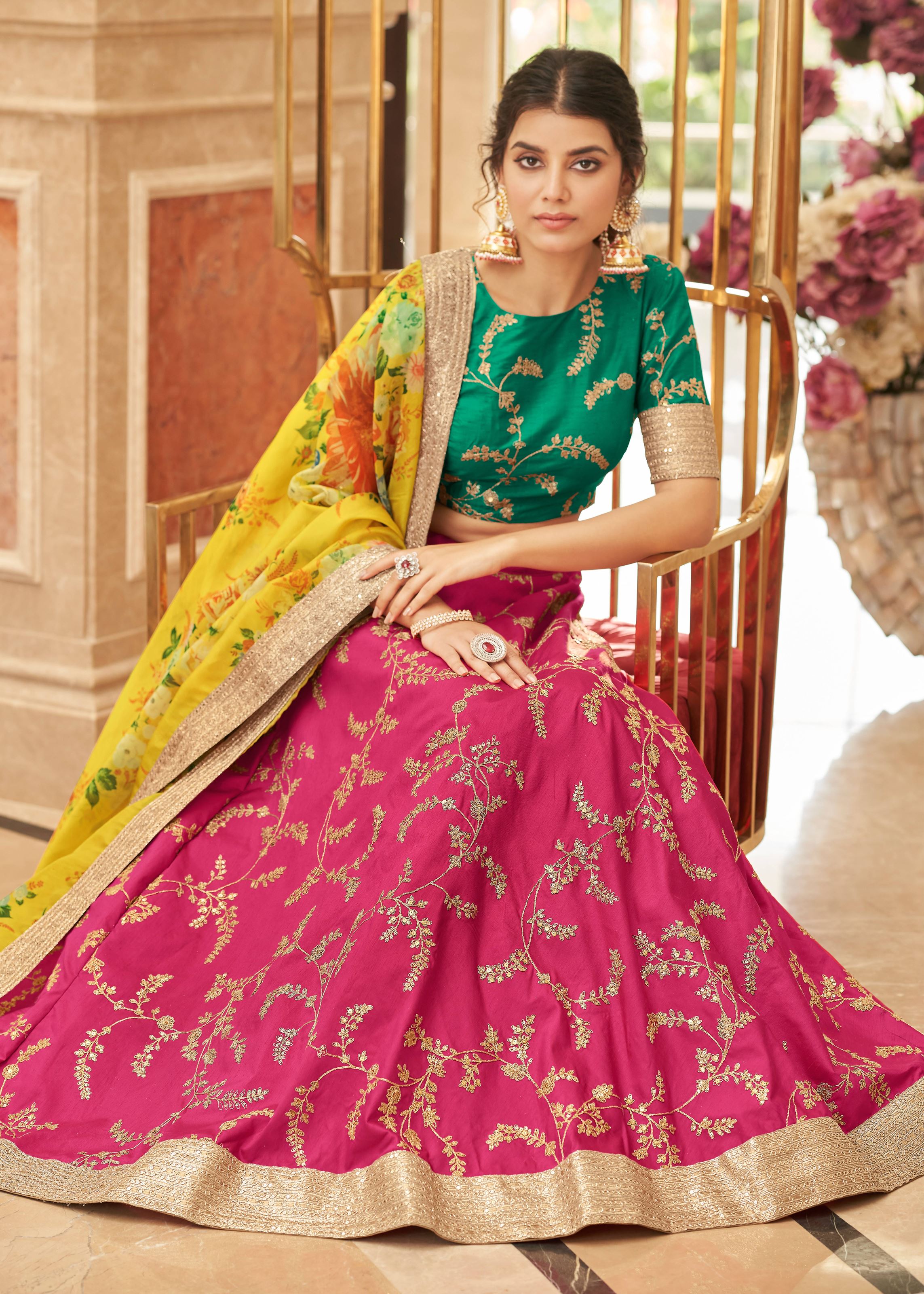 Pink-Yellow Lehenga Choli With Thread, Zari, Dori And Sequins Embroidery Work