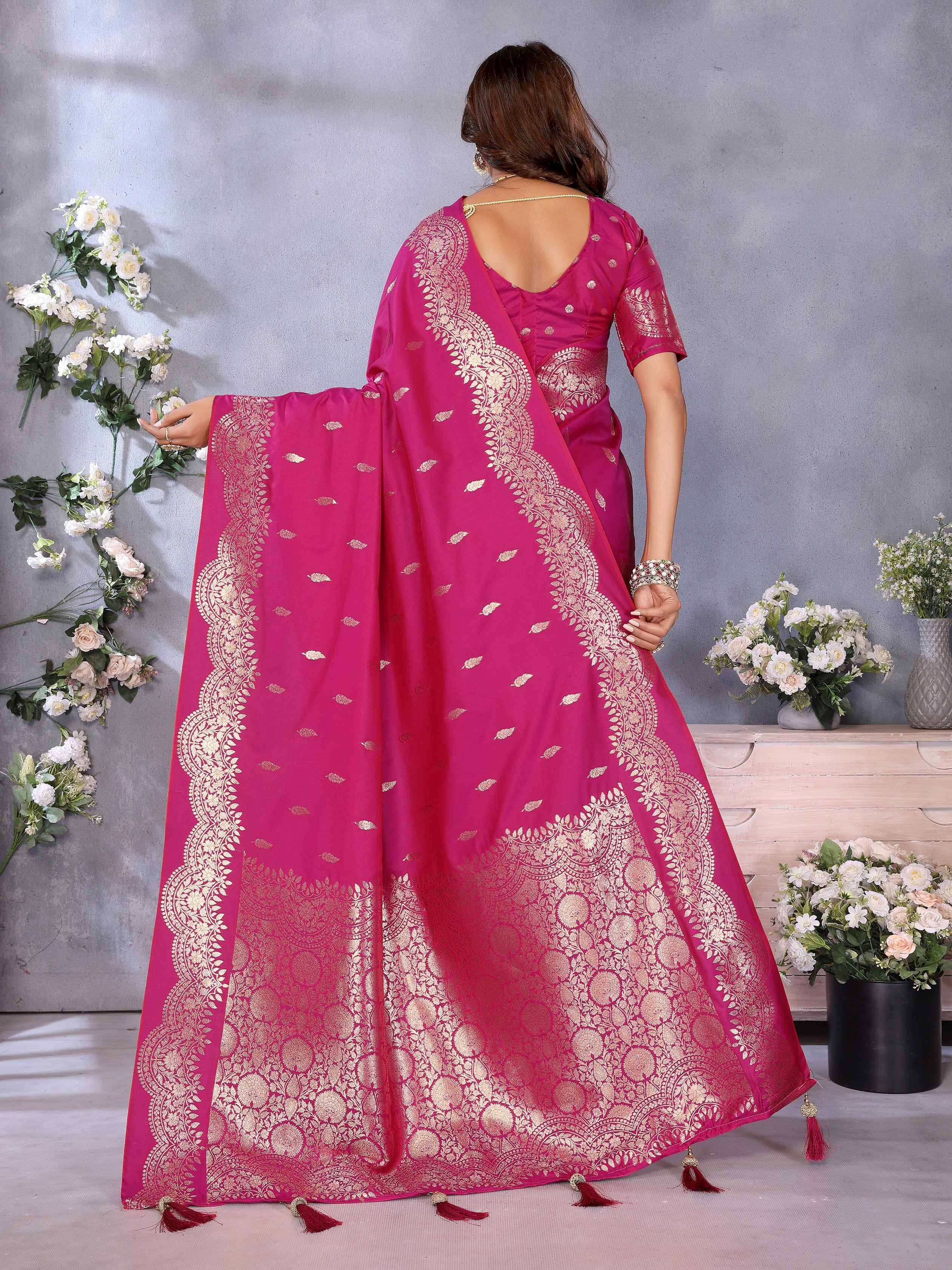 Pink Banarasi Silk Jacquard Weaving Designer Partywear Traditional Saree