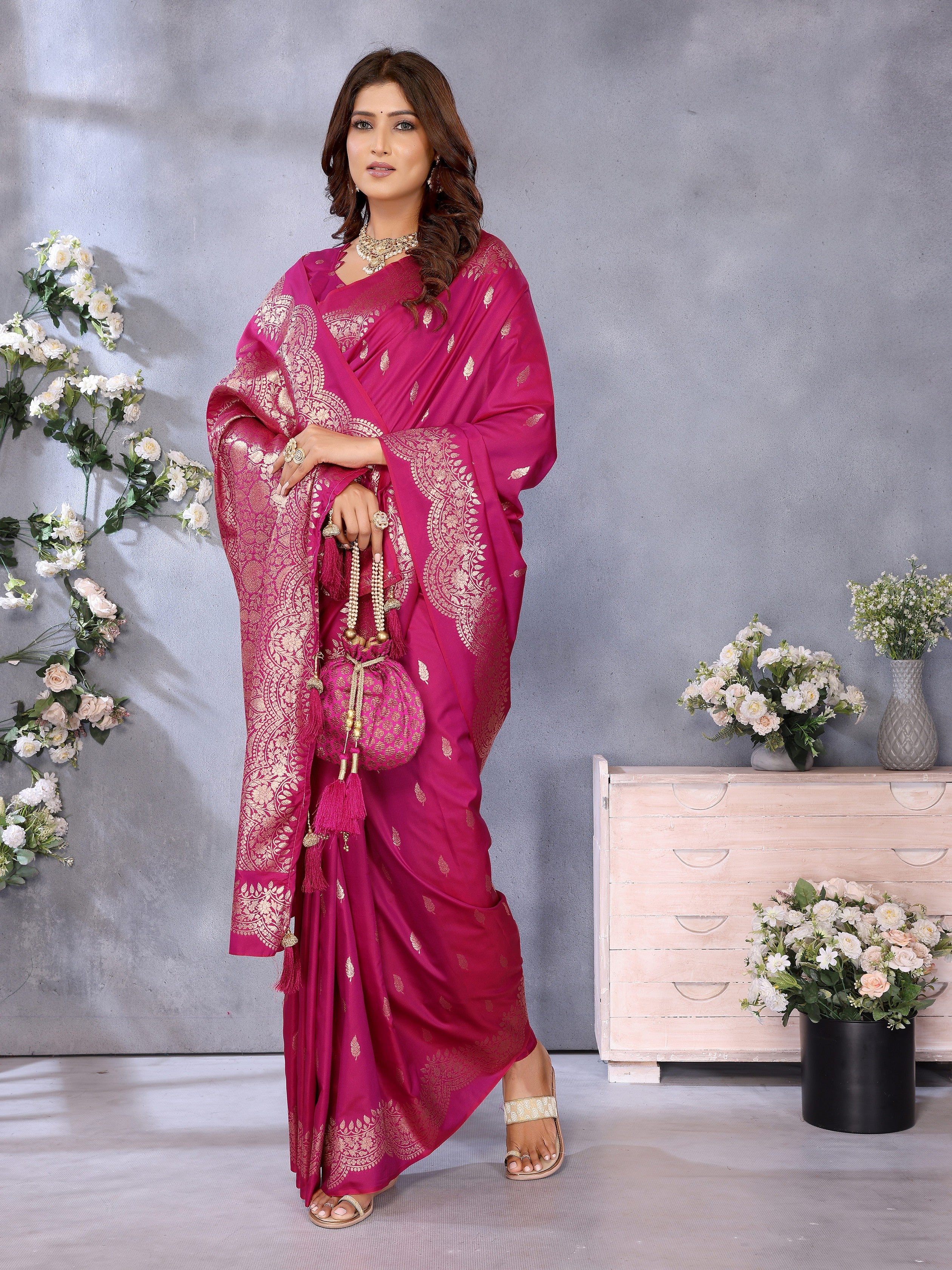 Pink Banarasi Silk Jacquard Weaving Designer Partywear Traditional Saree