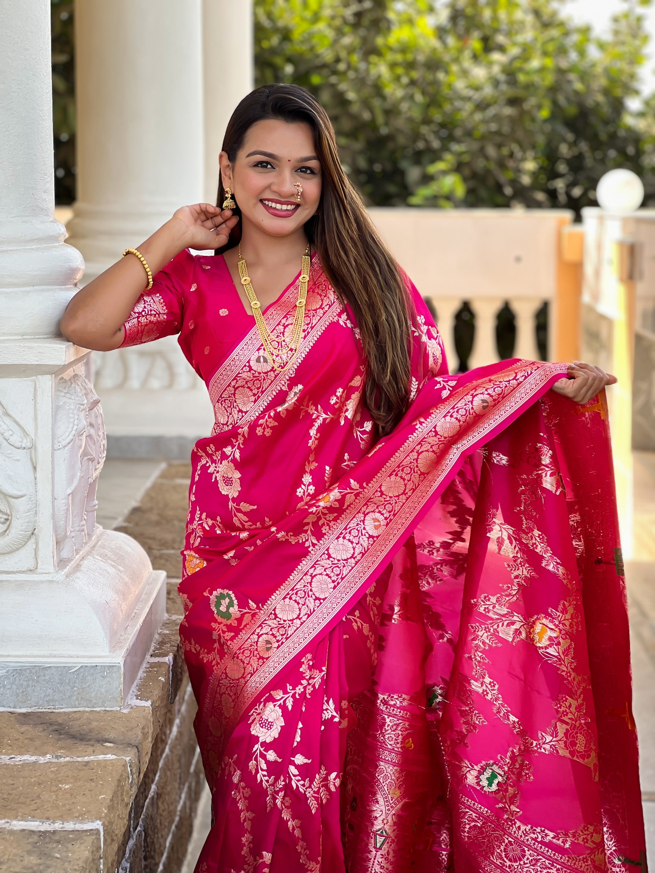 Pink Banarasi Silk Saree With Traditional Woven Meenakari Designer Traditional Looks