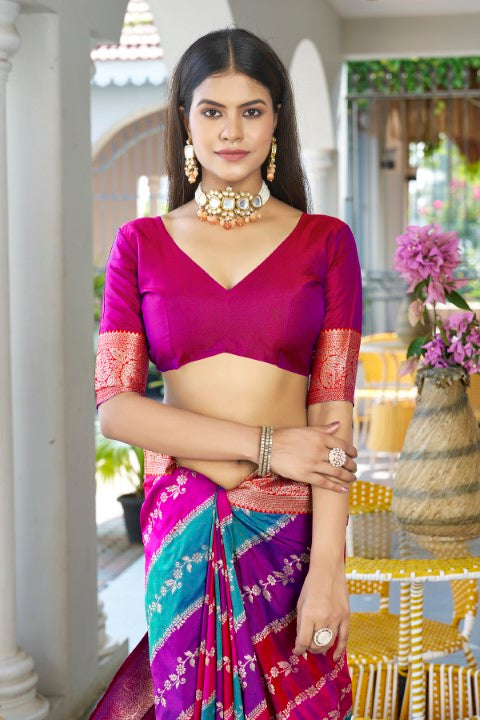 Pink Banarasi Silk Saree with Leriya Zari and Contrast Pallu