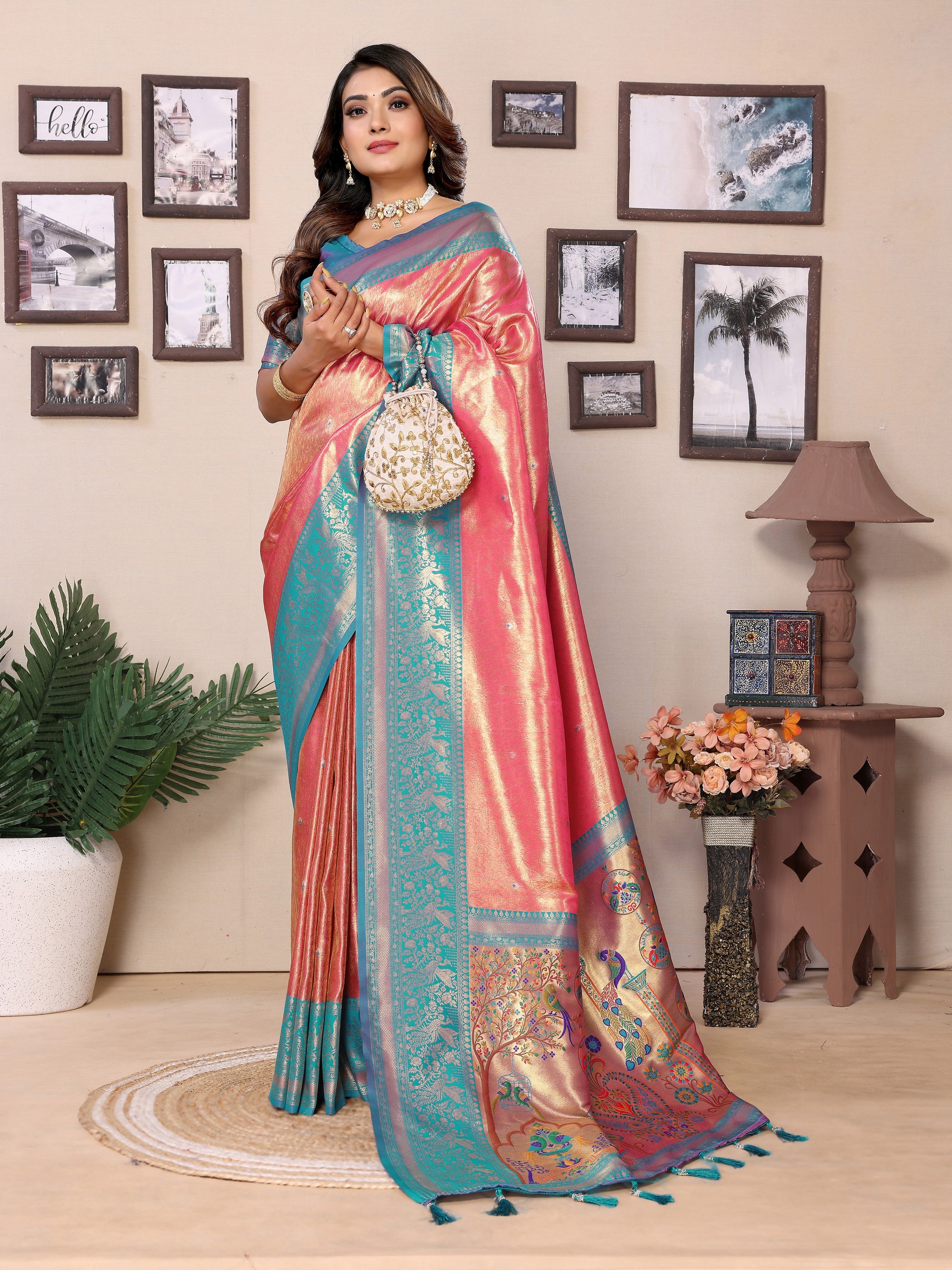Pink Banarasi Tissue Silk Heavy Woven Jari Designer Ceremonial Saree