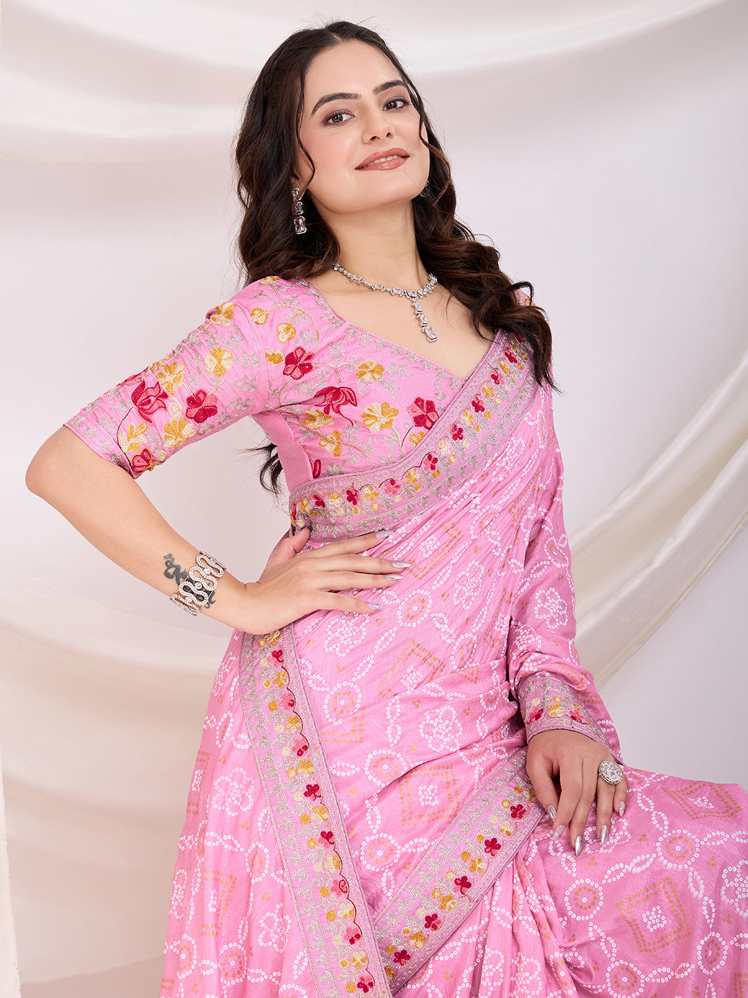 Pink Bandhani Printed With Embroidery Work Beautiful Ceremonial Saree