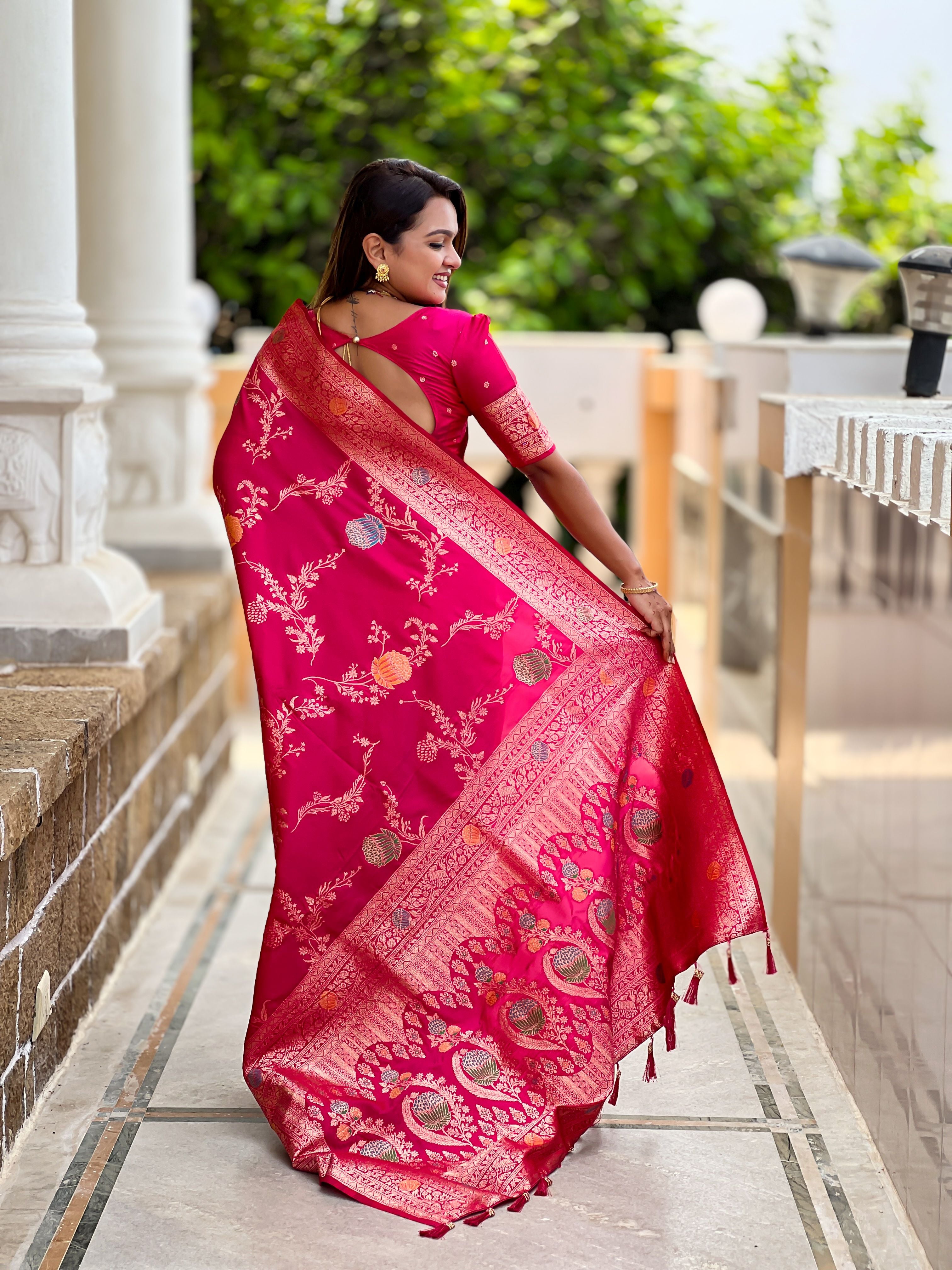 Pink Beautiful Banarasi Silk Woven Meenakari Designer Graceful Ethnic Saree