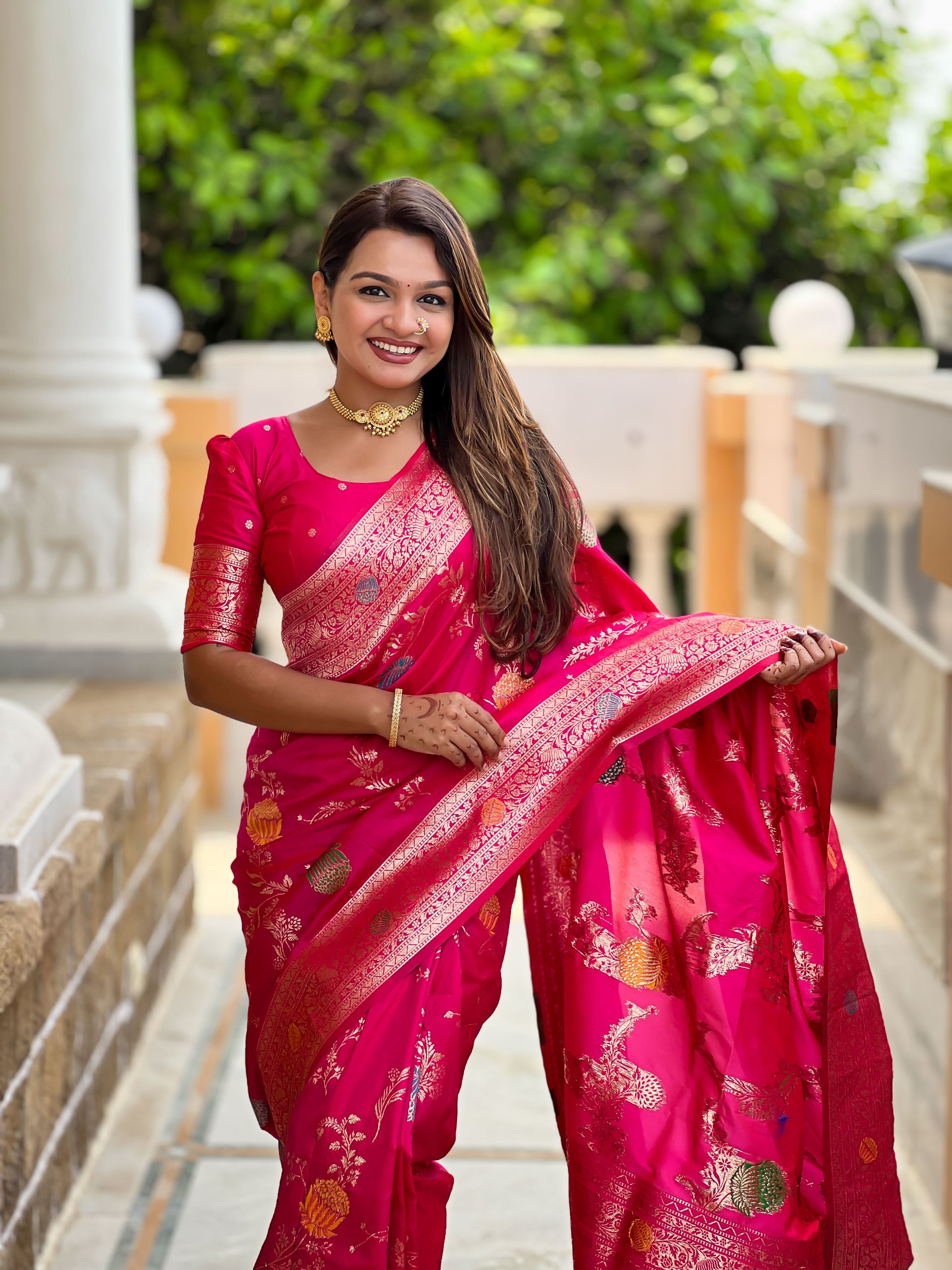 Pink Beautiful Banarasi Silk Woven Meenakari Designer Graceful Ethnic Saree