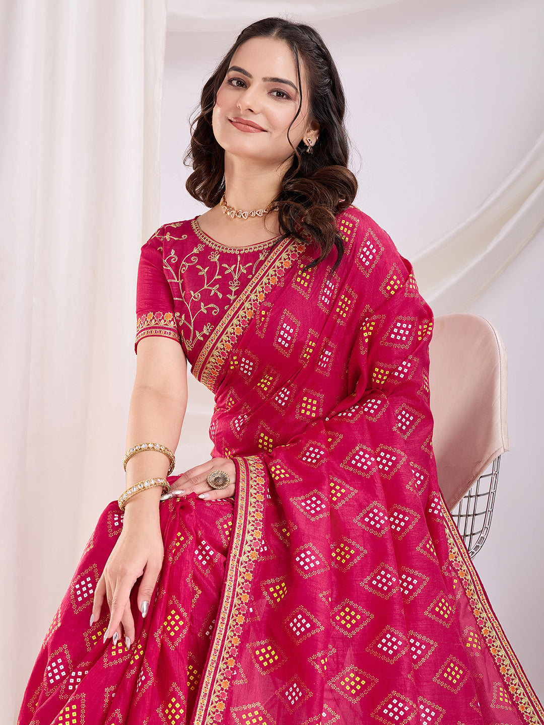 Pink Beautiful Bandhej Printed With Embroidery Work Vichitra Silk Saree