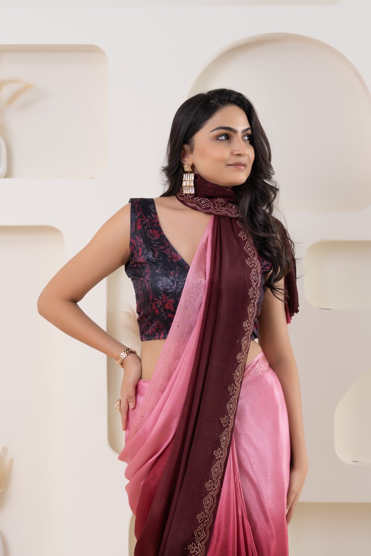 Pink Beautiful Bollywood Style Satin Fabic Ready To Wear Saree