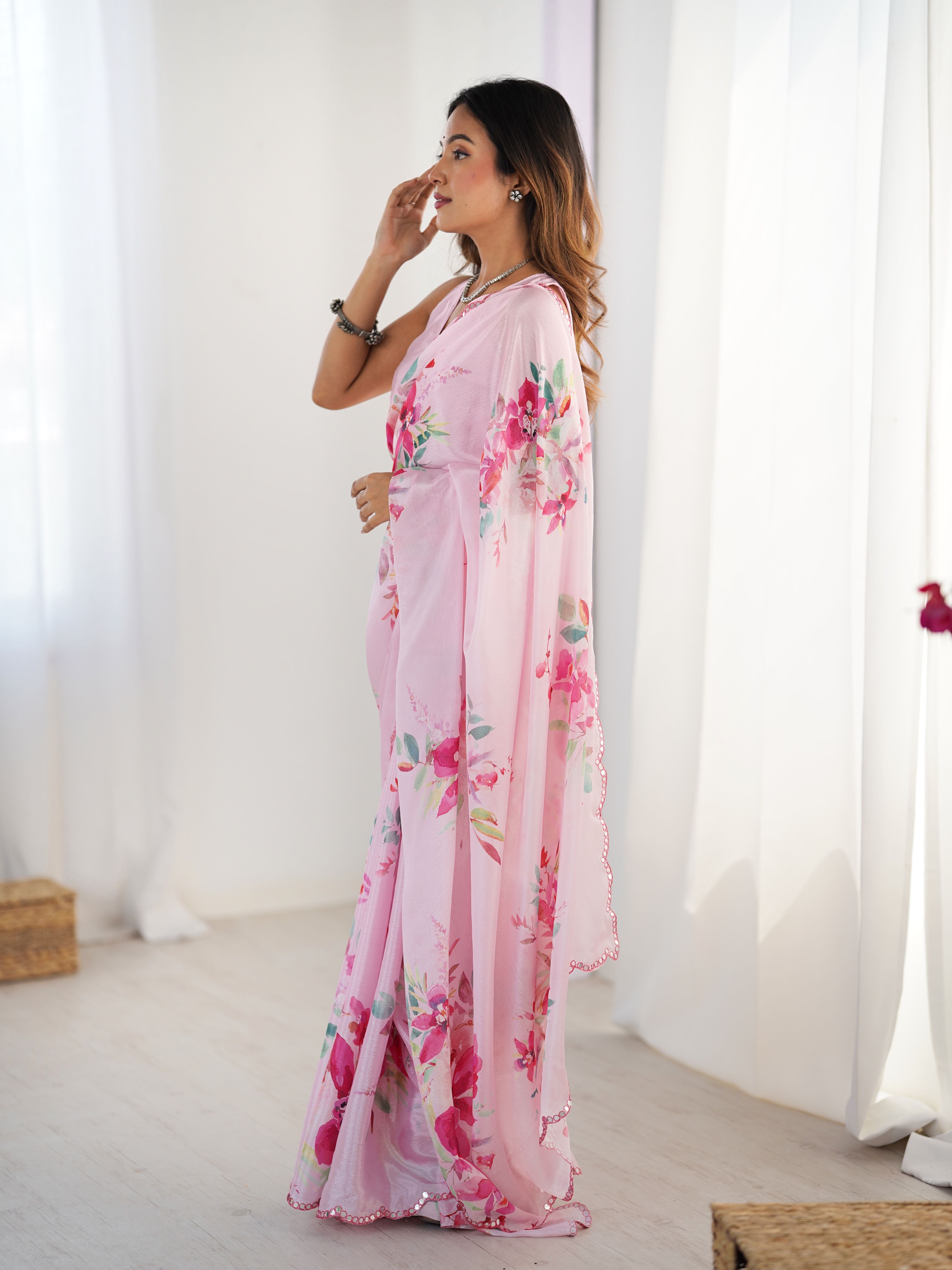 Pink Beautiful Chinon Smart Printed Festive Wear Ceremonial Saree