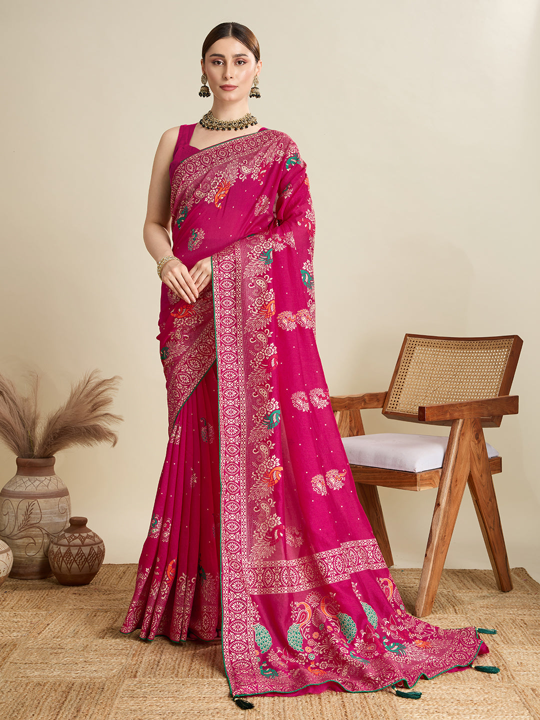 Pink Beautiful Designer Table Printed With Foil Cotton Blended Saree