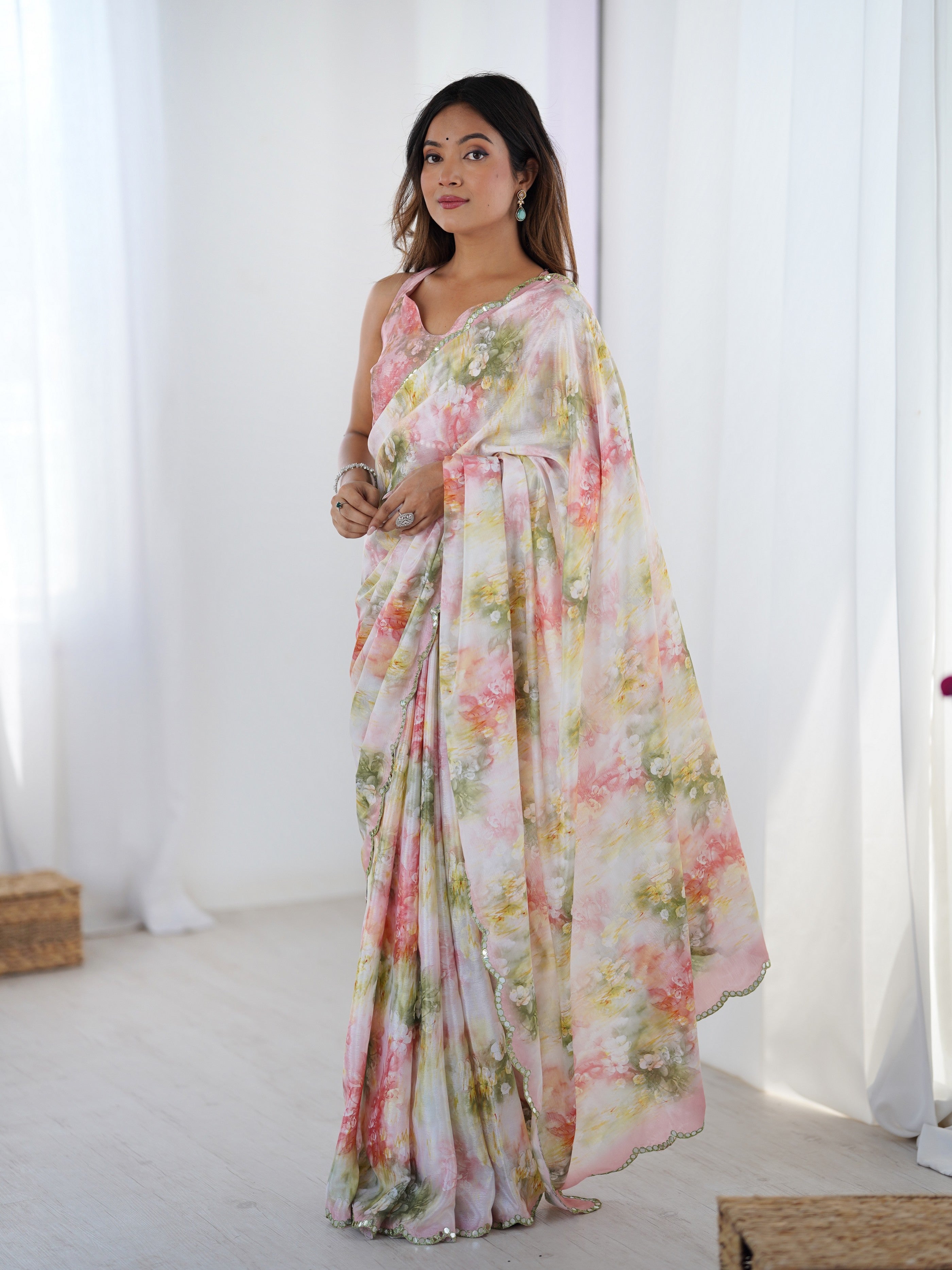 Pink Beautiful Printed Chinon Saree With Stylish Border For Girlie Looks