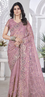 Pink Beautiful Tissue Net Sequins Work Saree