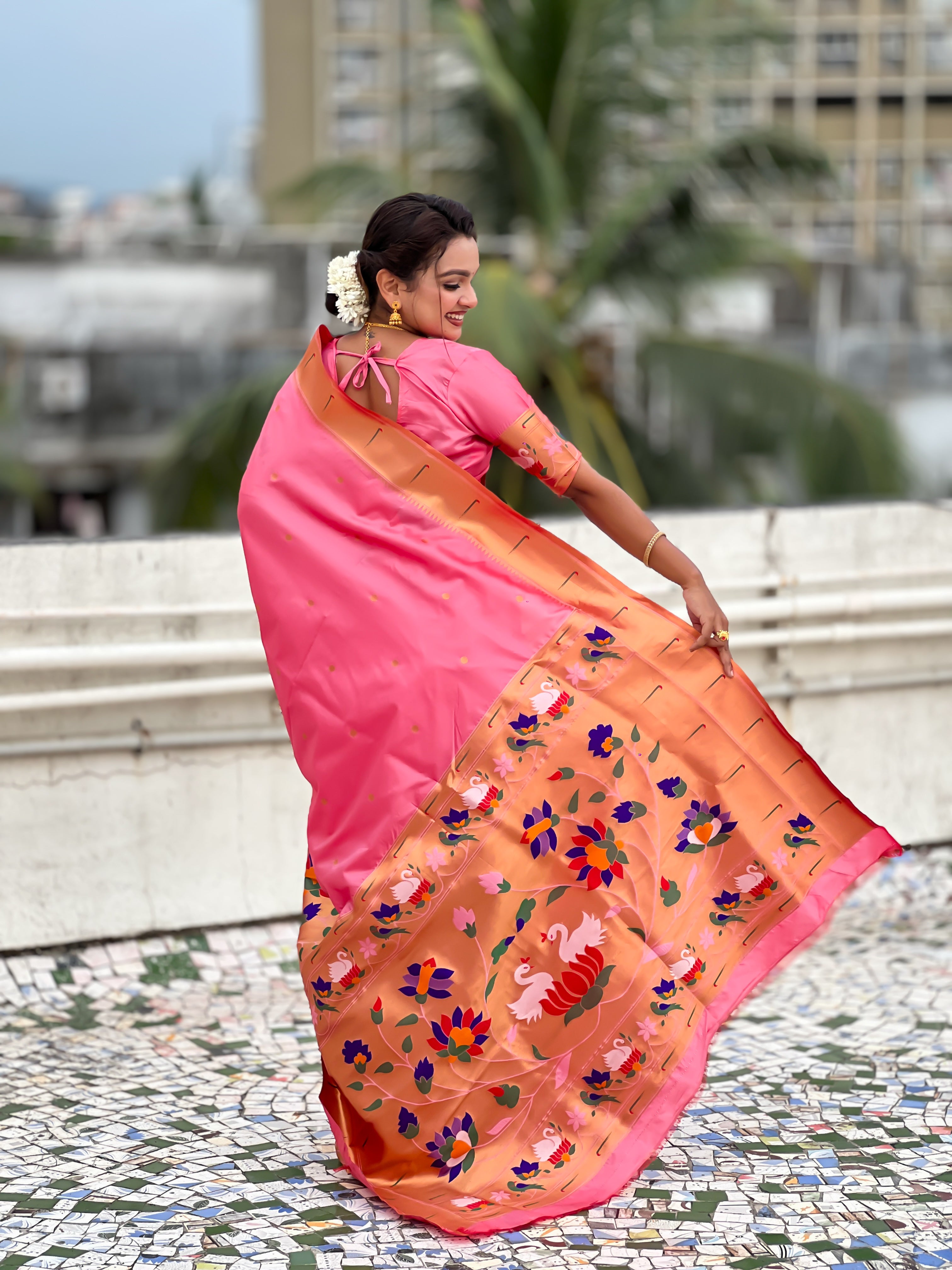 Pink Beautiful Woven Meenakari Polka Designer Paithani Silk Ethnic Graceful Saree