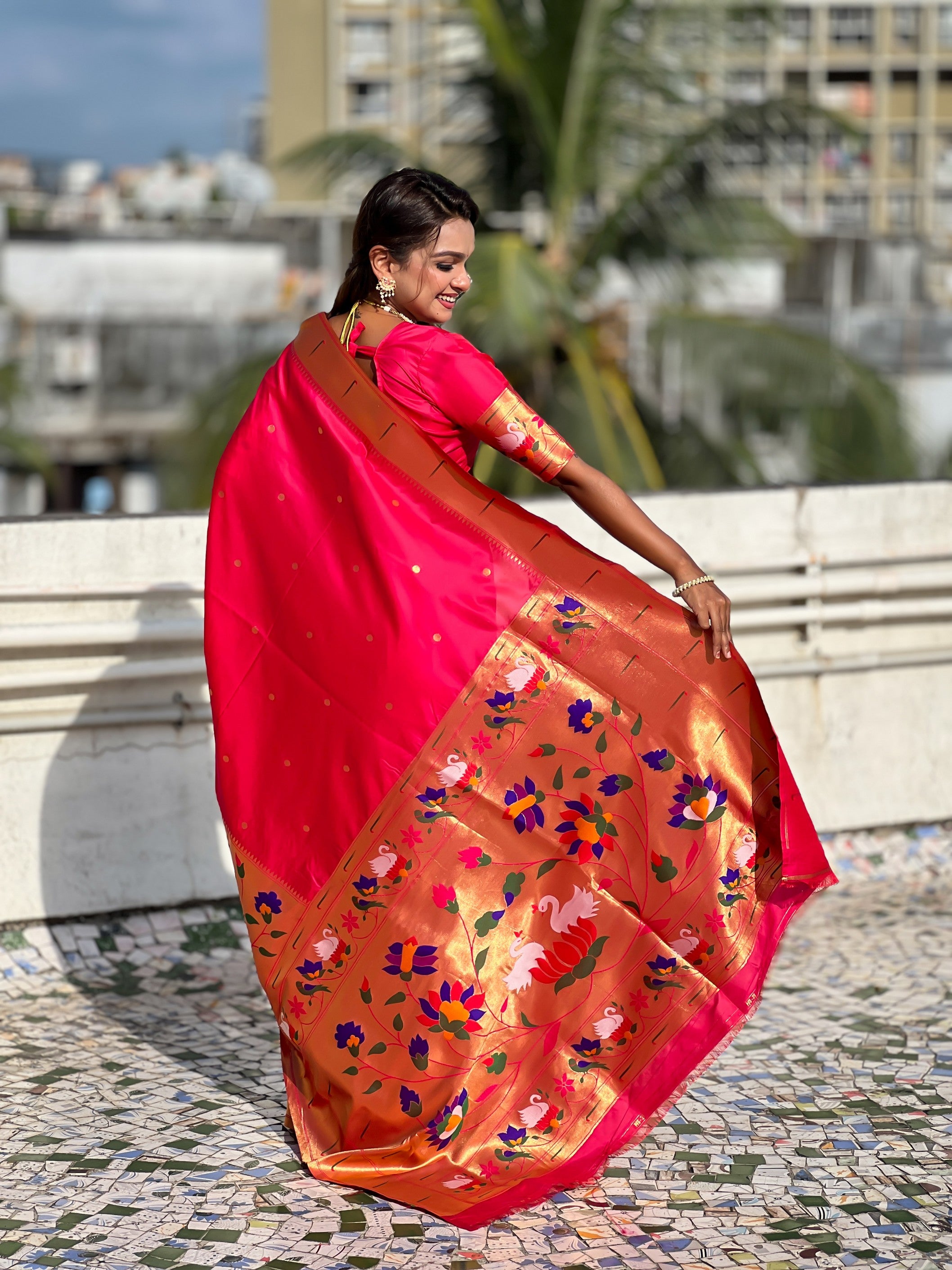 Pink Beautiful Woven Meenakari Polka Designer Paithani Silk Ethnic Graceful Saree