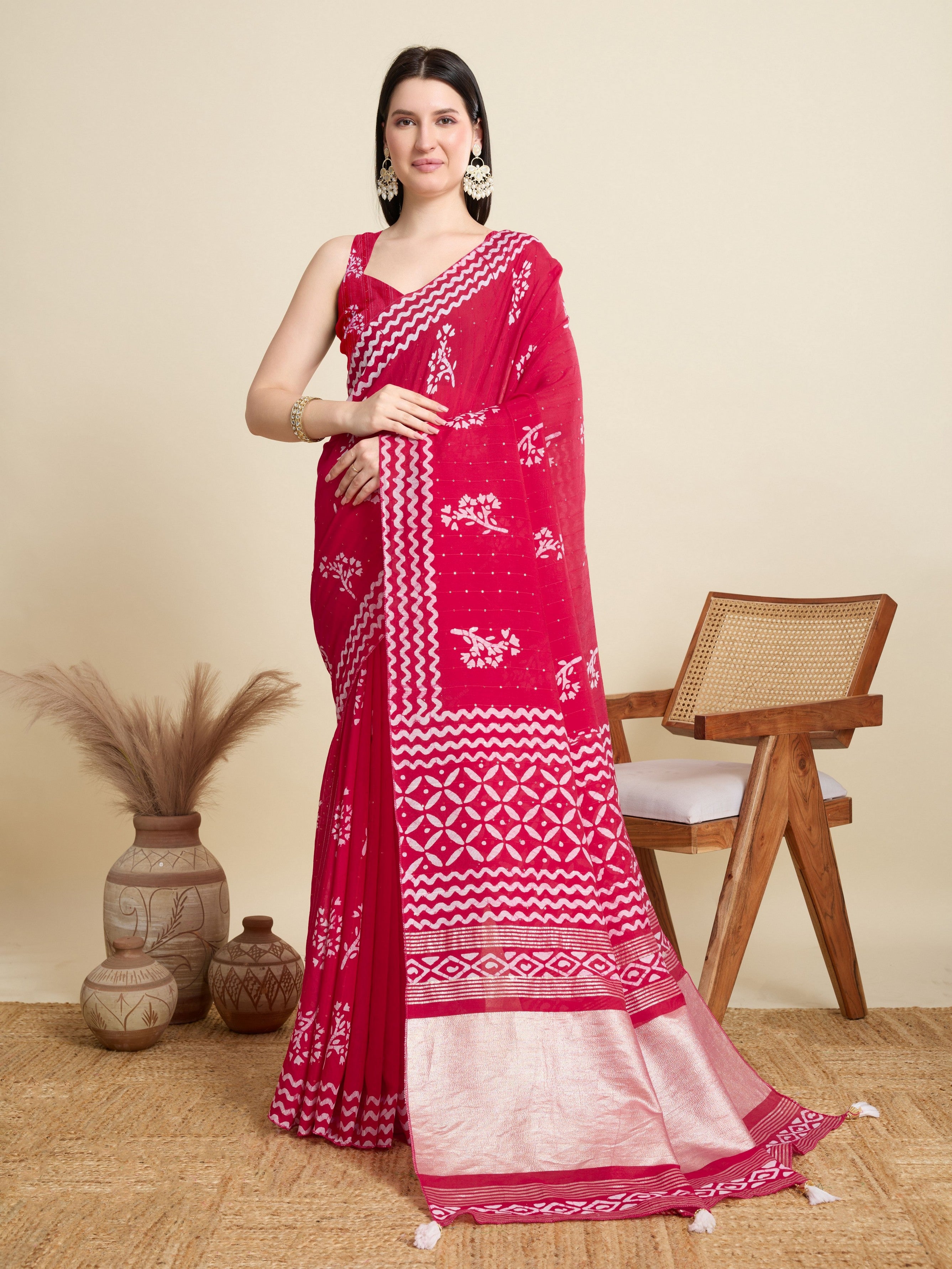 Pink Blended Cotton Ethnic Festive Saree