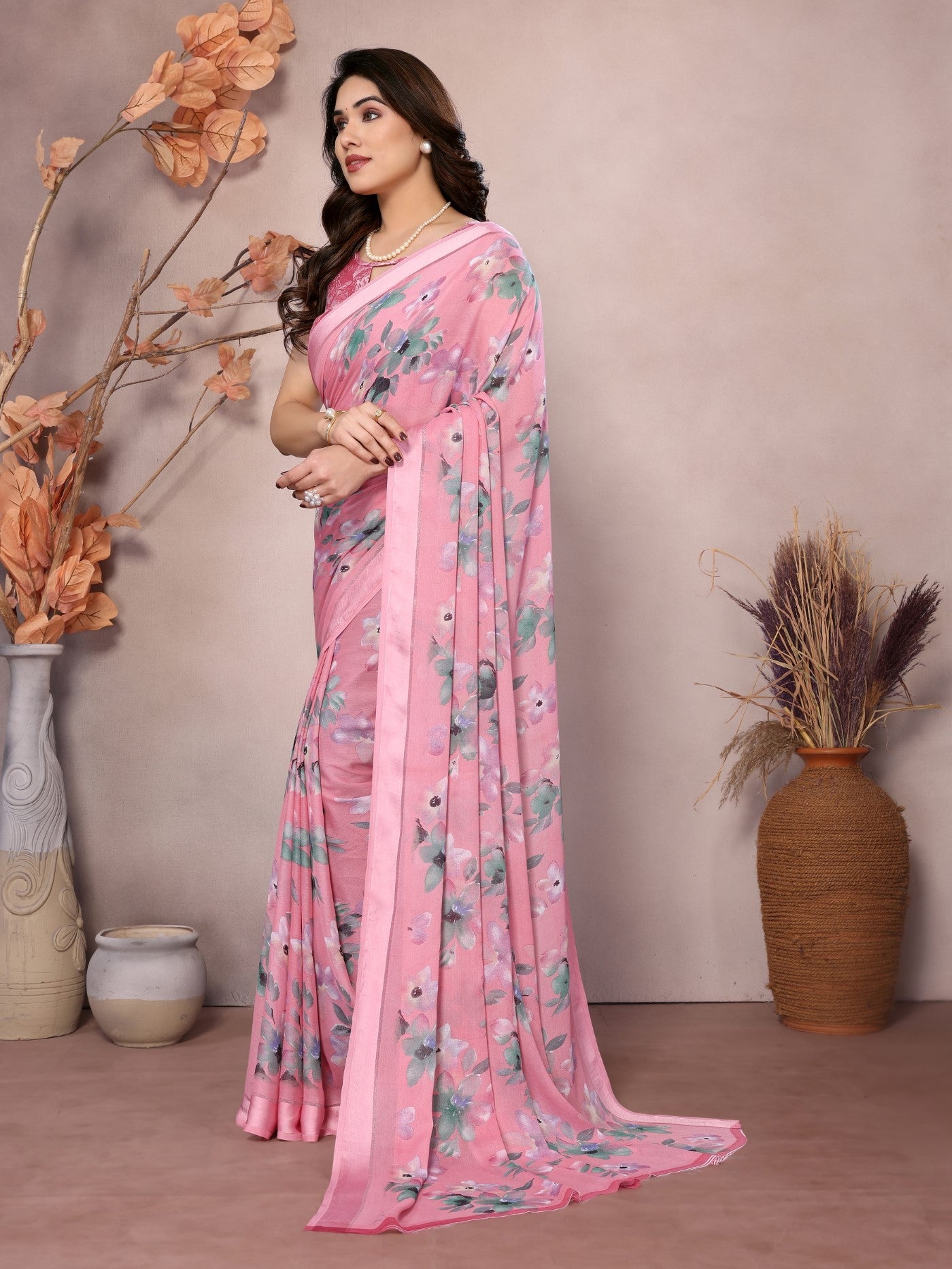 Pink Bright Moss Satin Patta Saree With Printed