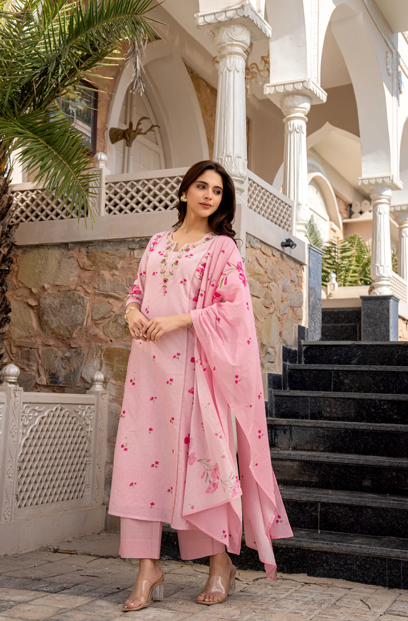 Pink Chanderi Butti Kurta Pant Set  Printed
