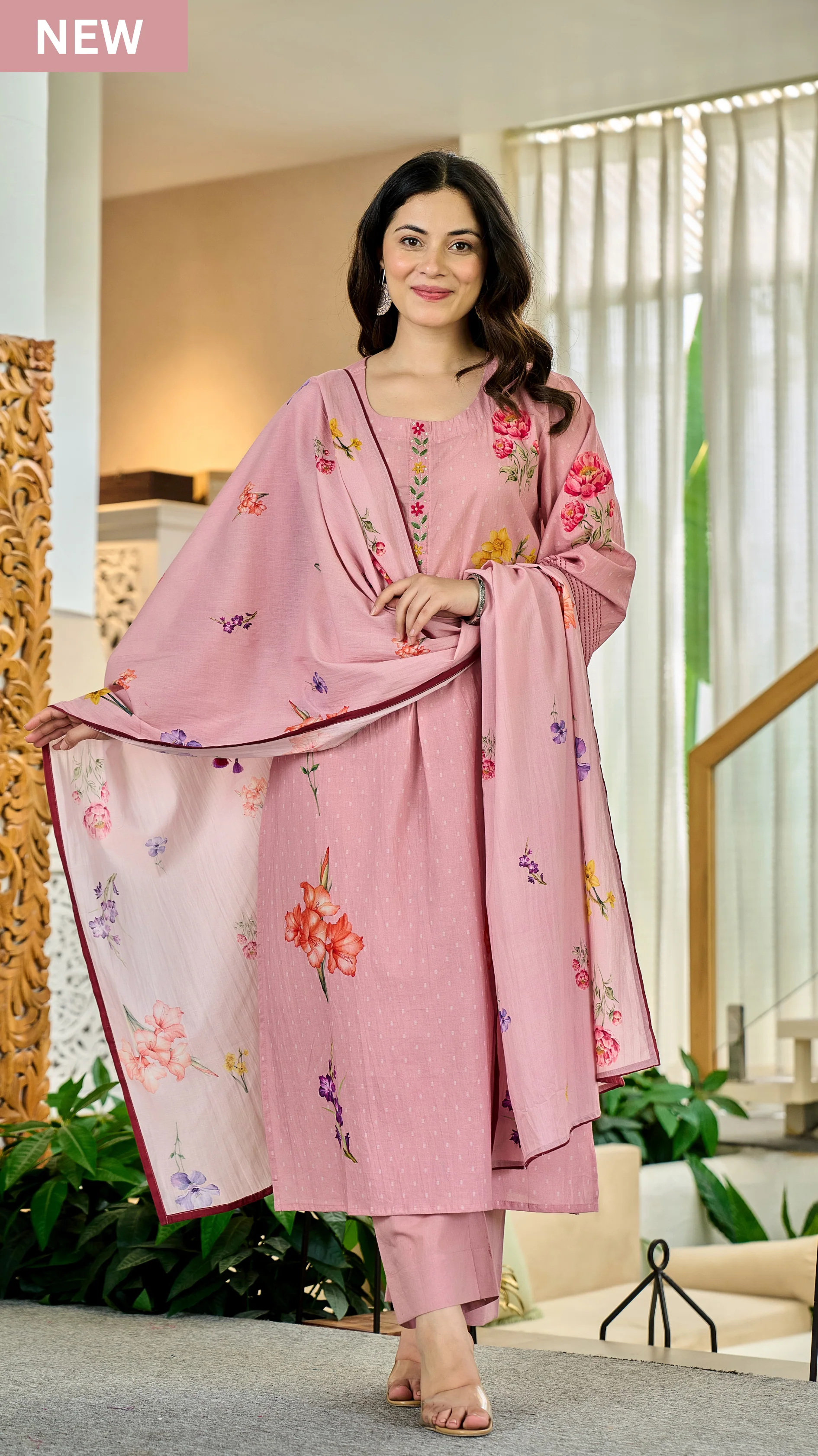 Pink Chanderi Butti Kurta Pant Set  Printed
