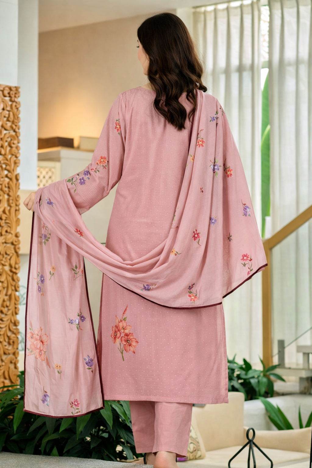 Pink Chanderi Butti Kurta Pant Set  Printed