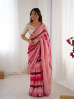 Pink Chiffon Designer Laheriya Printed Saree With Mirror Cut Work