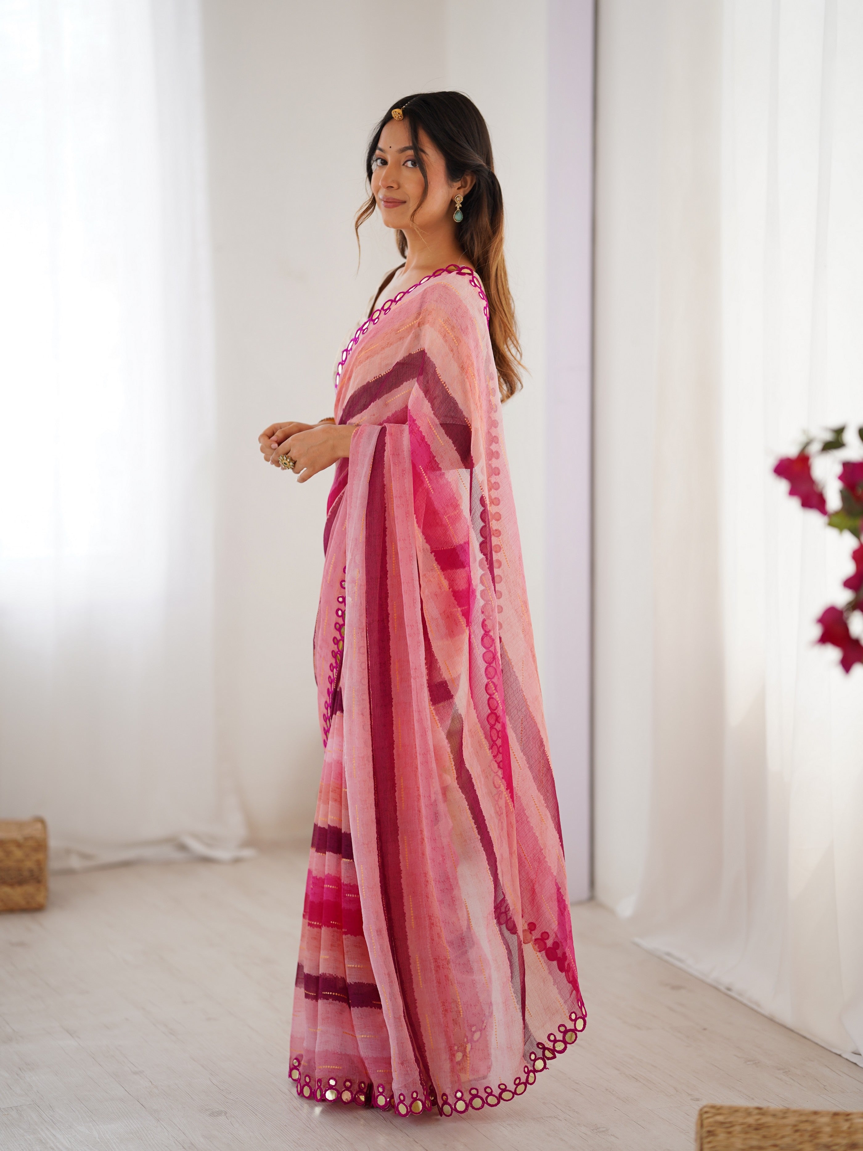 Pink Chiffon Designer Laheriya Printed Saree With Mirror Cut Work