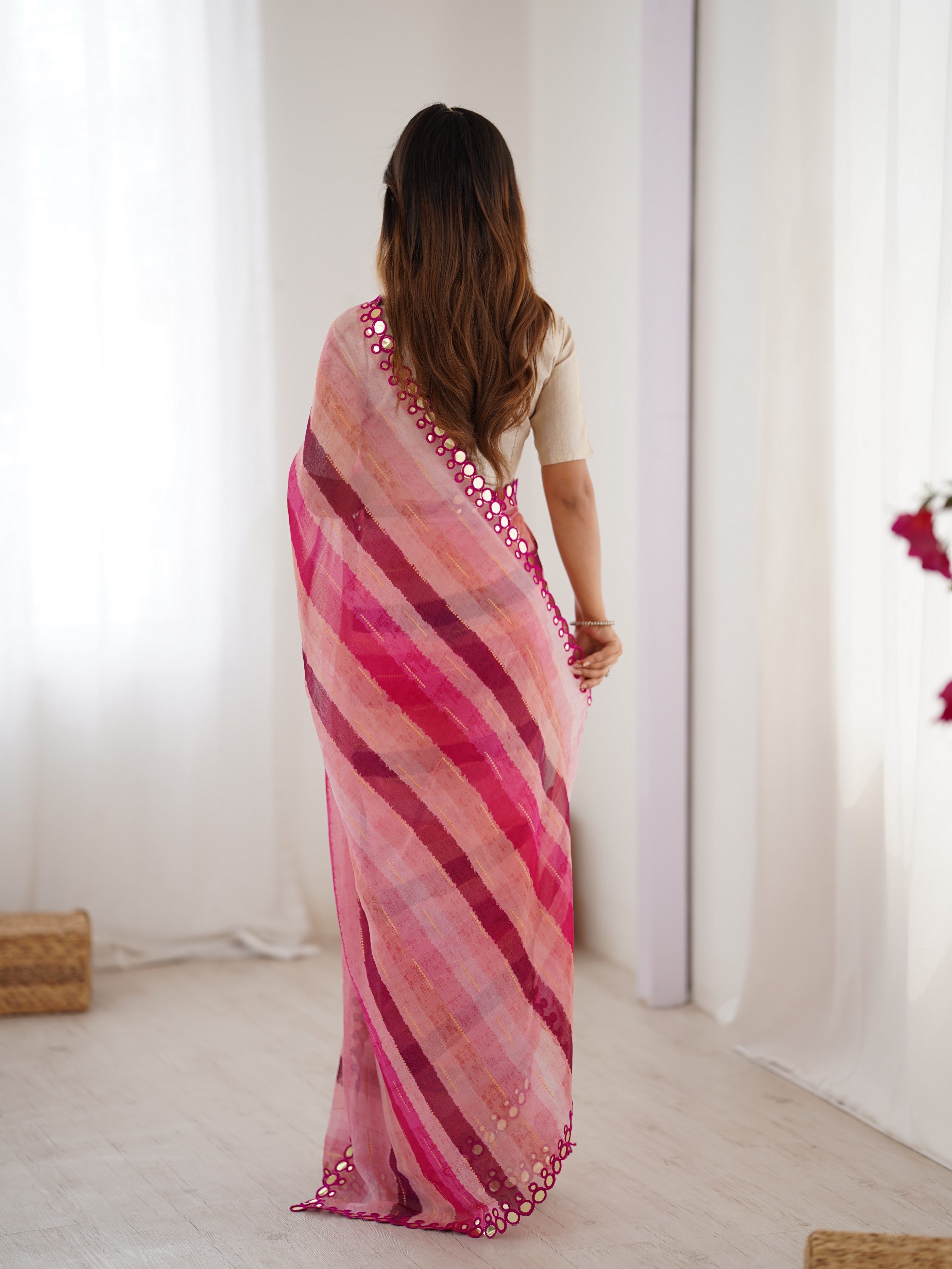 Pink Chiffon Designer Laheriya Printed Saree With Mirror Cut Work