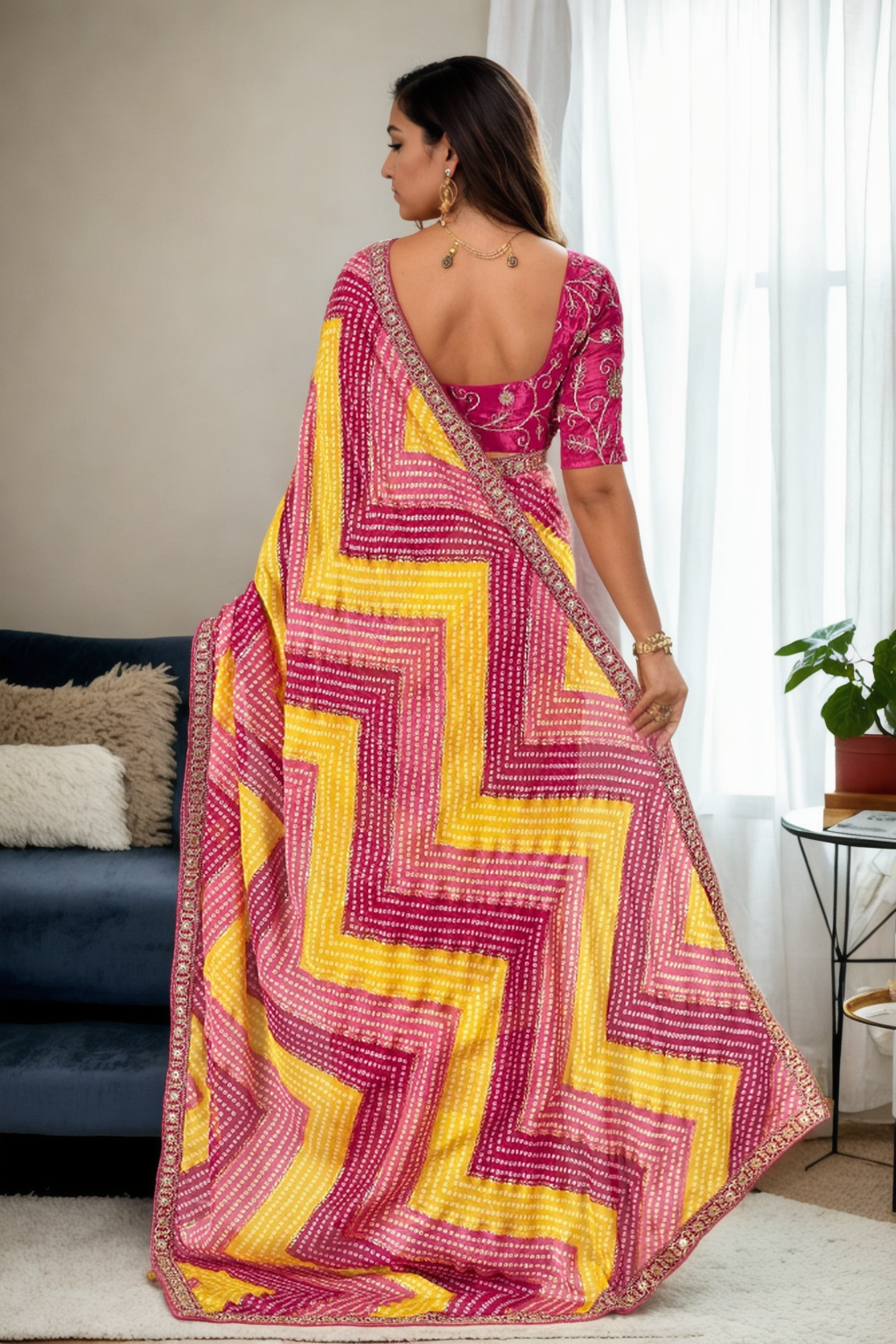Pink Chinon Beautiful Printed Saree With Embroidered Blouse