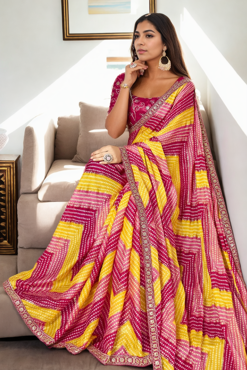 Pink Chinon Beautiful Printed Saree With Embroidered Blouse
