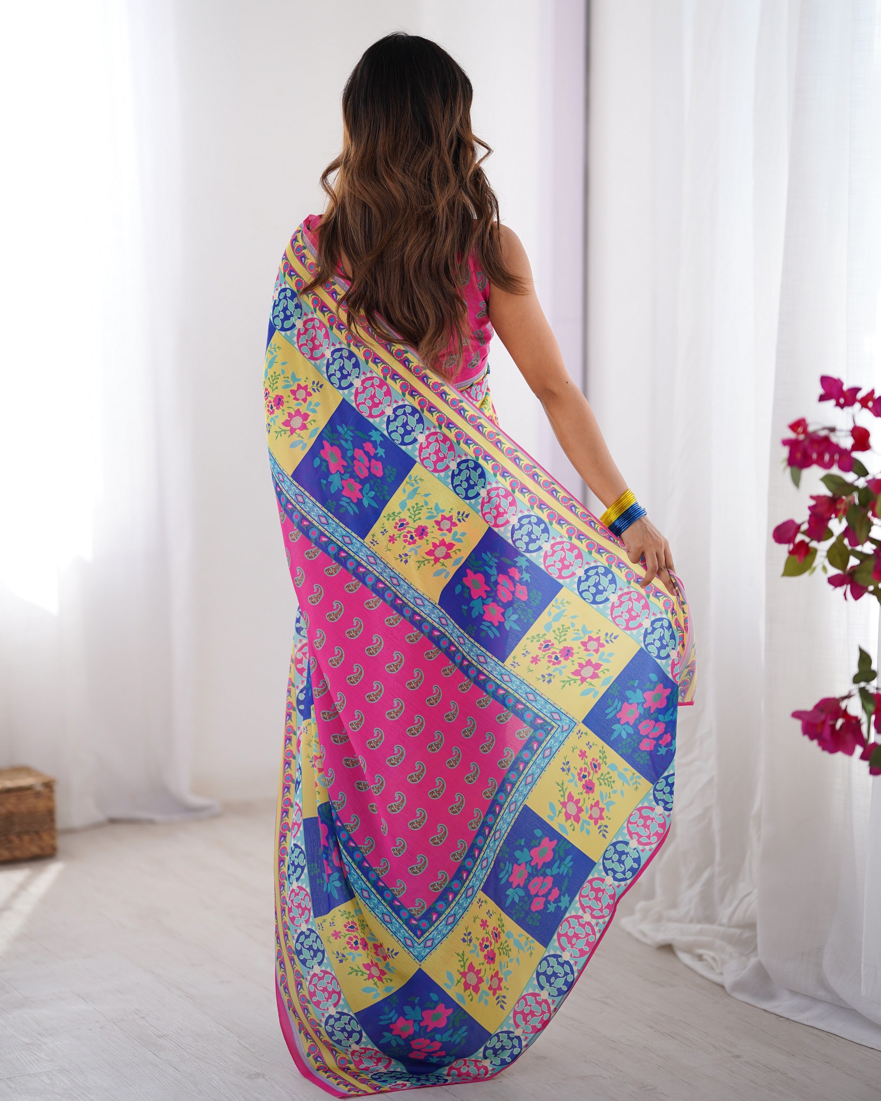 Pink Chinon Designer Printed Fancy Partywear Saree