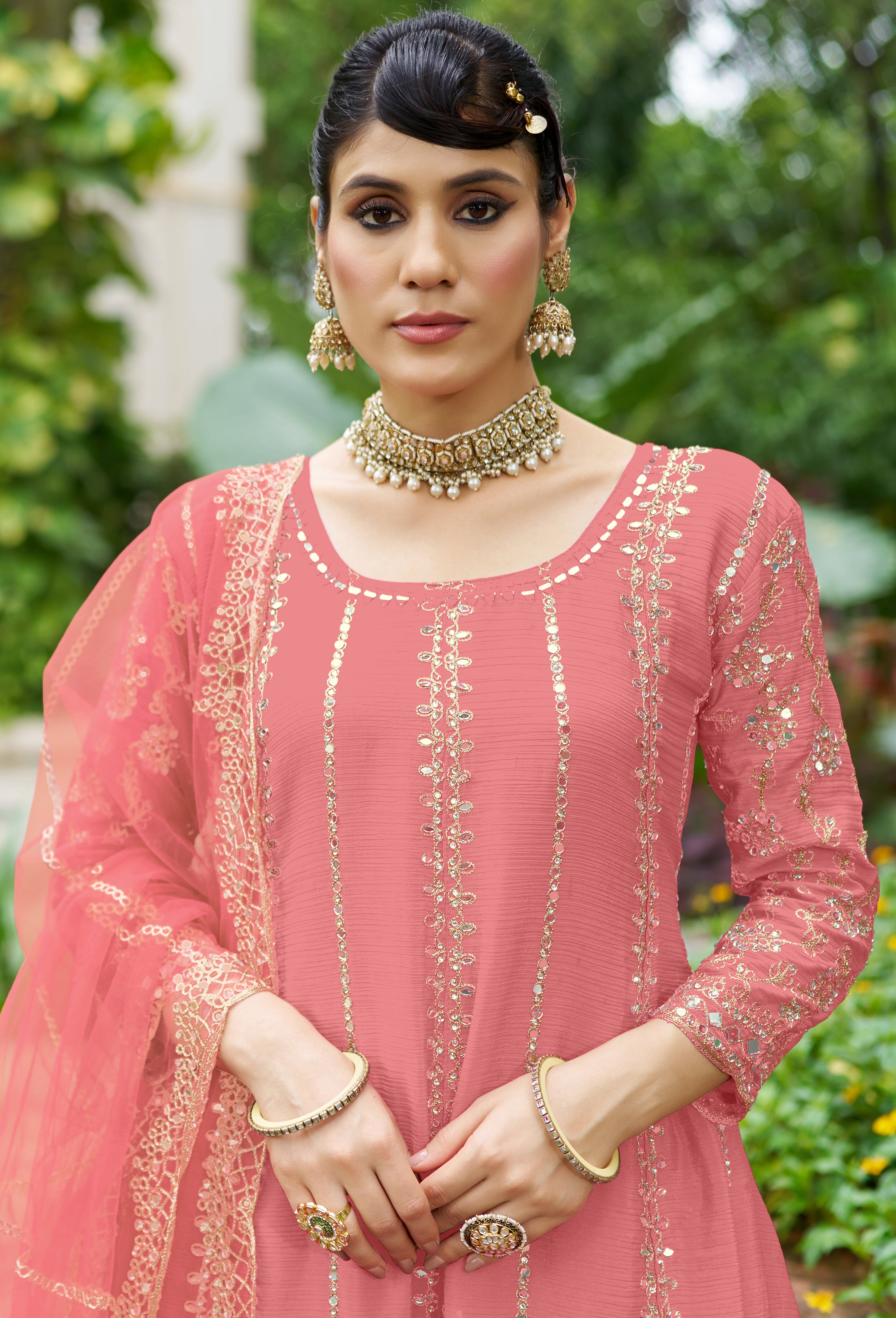 Pink Chinon Silk Salwar Suit With Real Mirror Work
