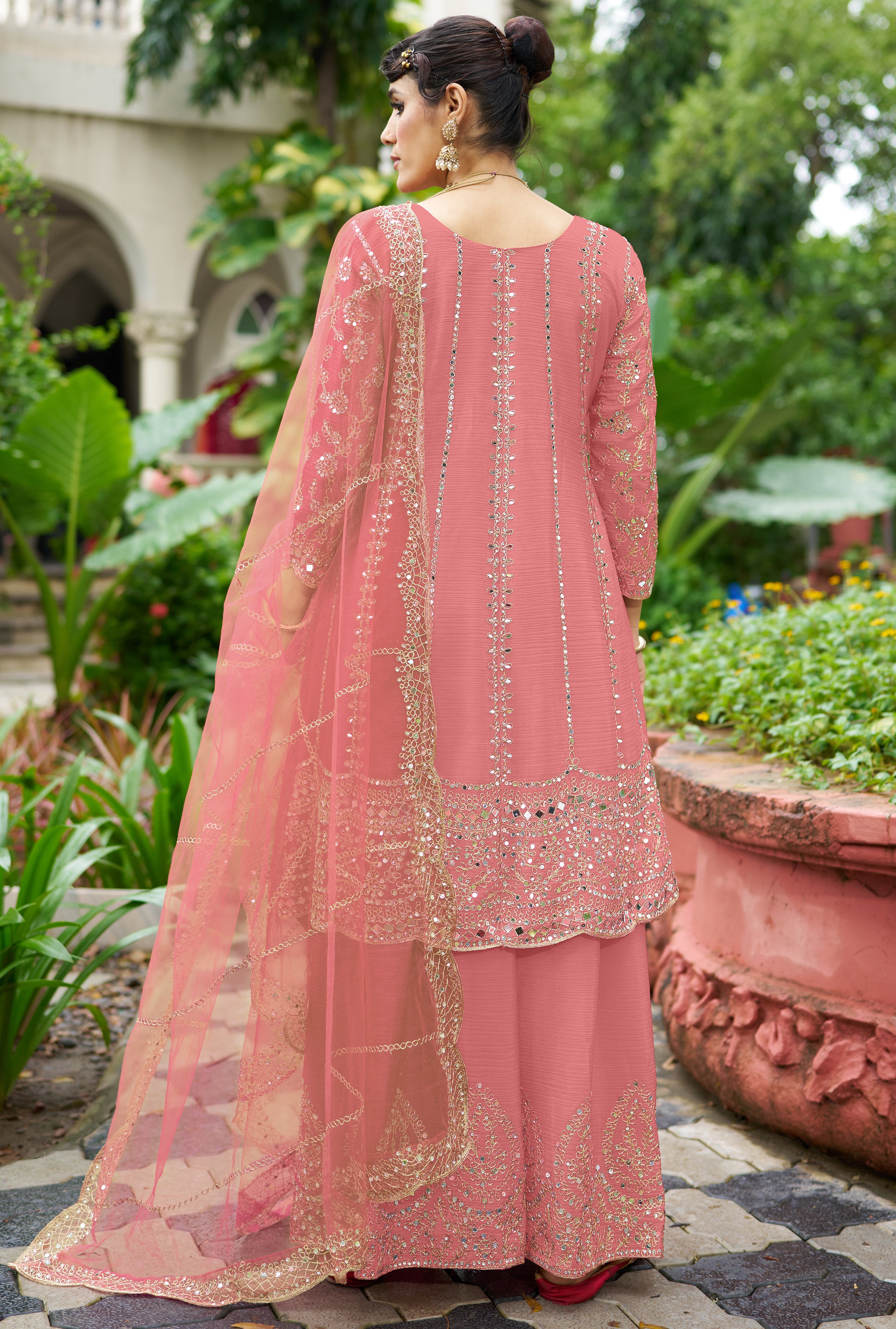 Pink Chinon Silk Salwar Suit With Real Mirror Work